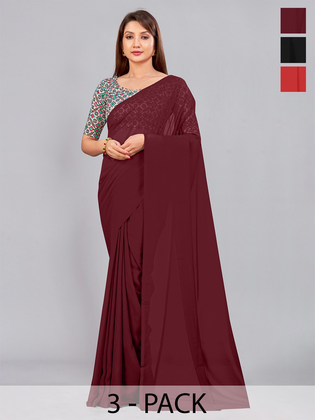 

CastilloFab Selection of 3 Pure Georgette Saree, Maroon