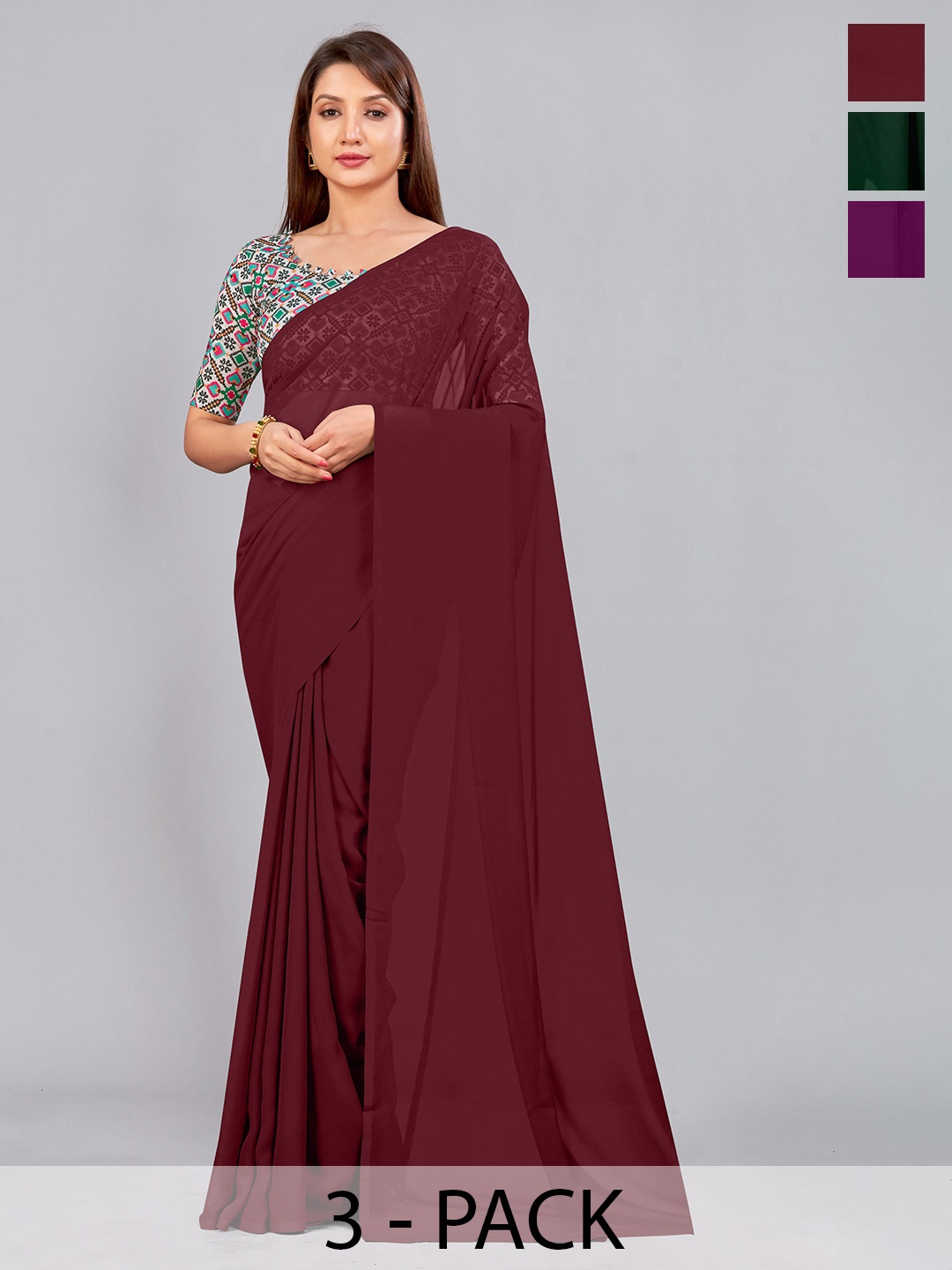 

CastilloFab Selection Of 3 Pure Georgette Saree, Maroon