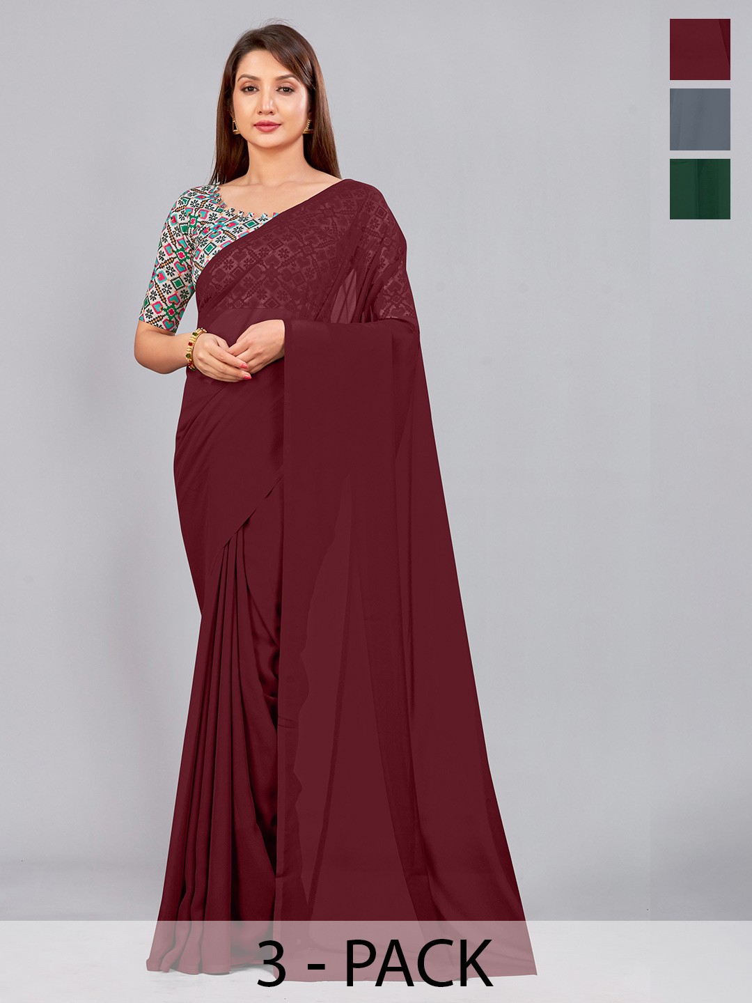 

CastilloFab Pack Of 3 Pure Georgette Saree, Maroon