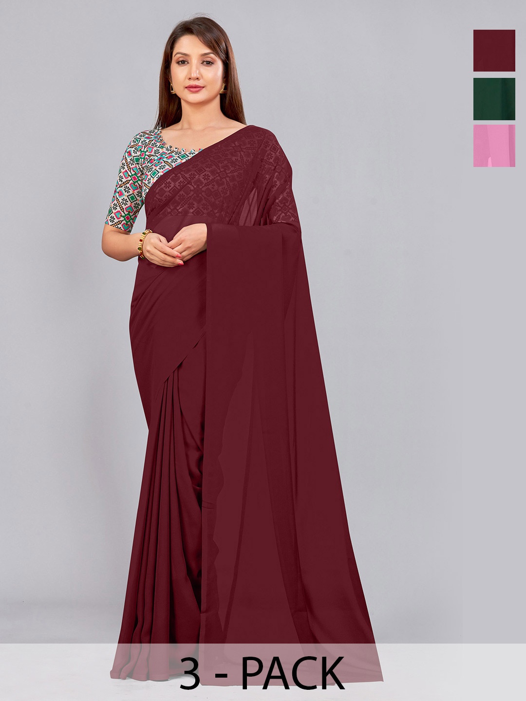 

CastilloFab Selection Of 3 Pure Georgette Sarees, Maroon