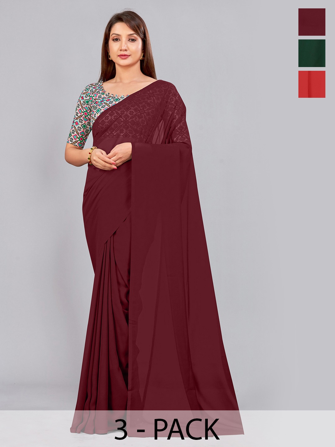 

CastilloFab Selection of 3 Pure Georgette Sarees, Maroon