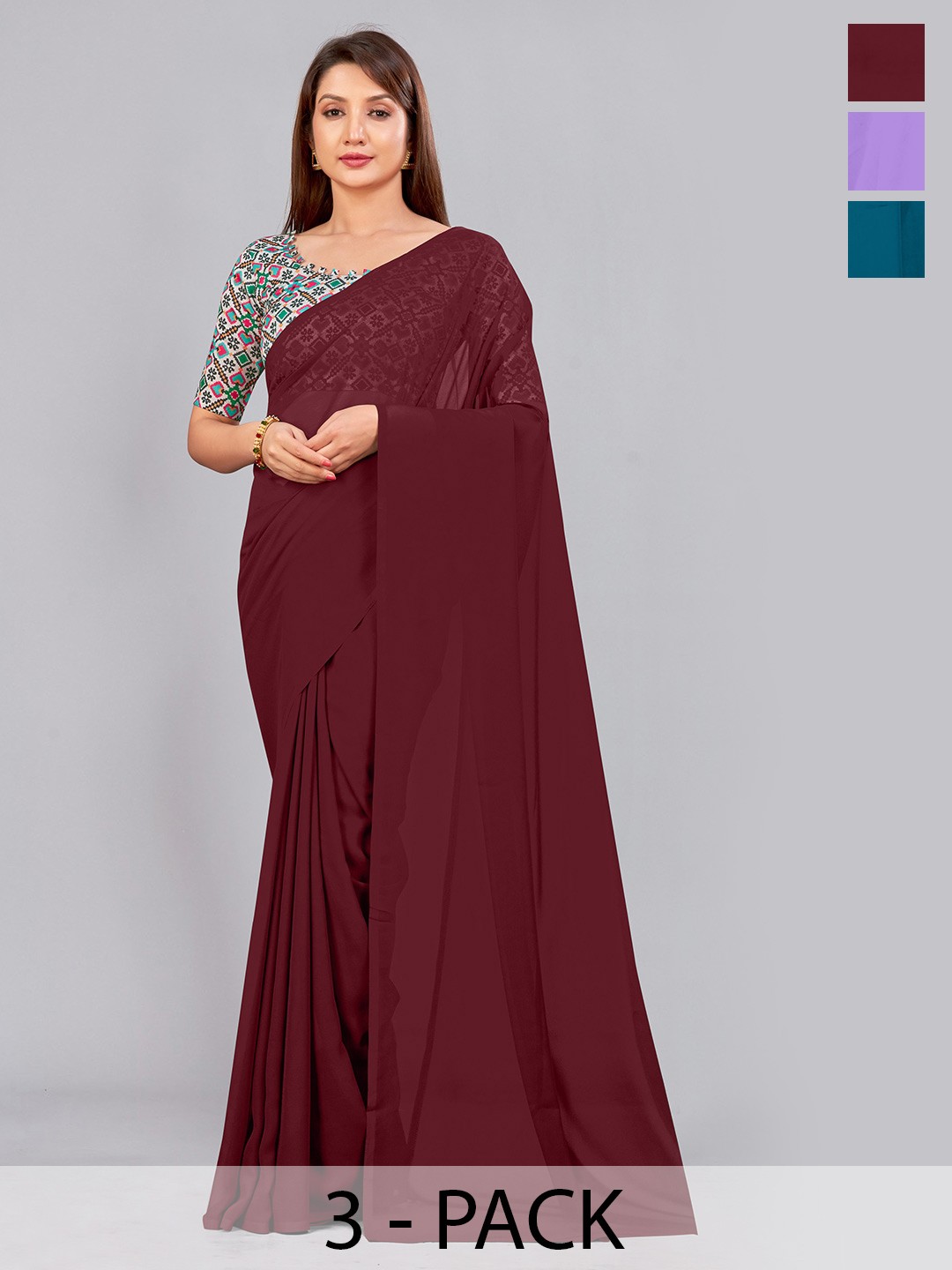 

CastilloFab Selection of 3 Pure Georgette Saree, Maroon