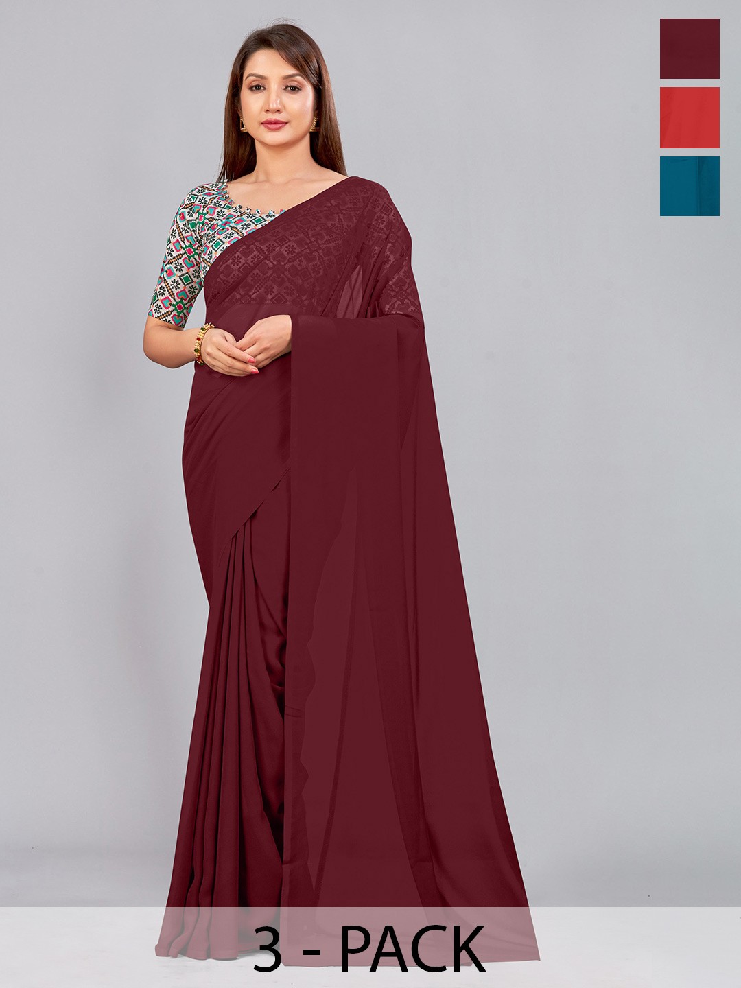 

CastilloFab Selection of 3 Pure Georgette Saree, Maroon