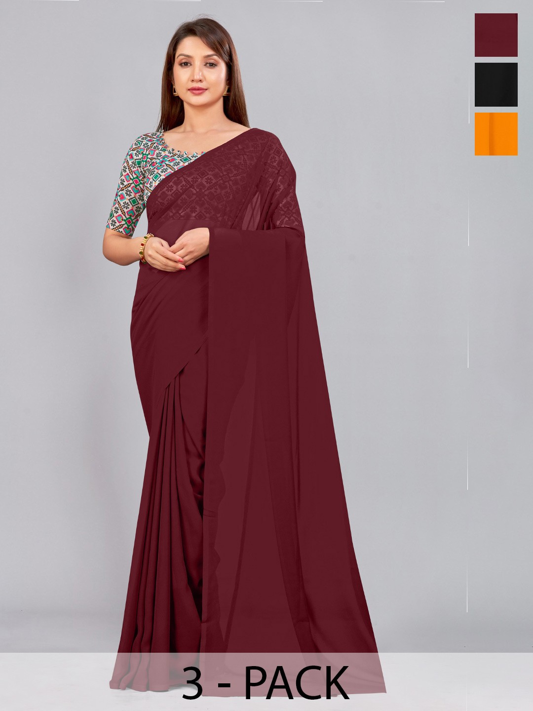

CastilloFab Selection of 3 Pure Georgette Saree, Maroon
