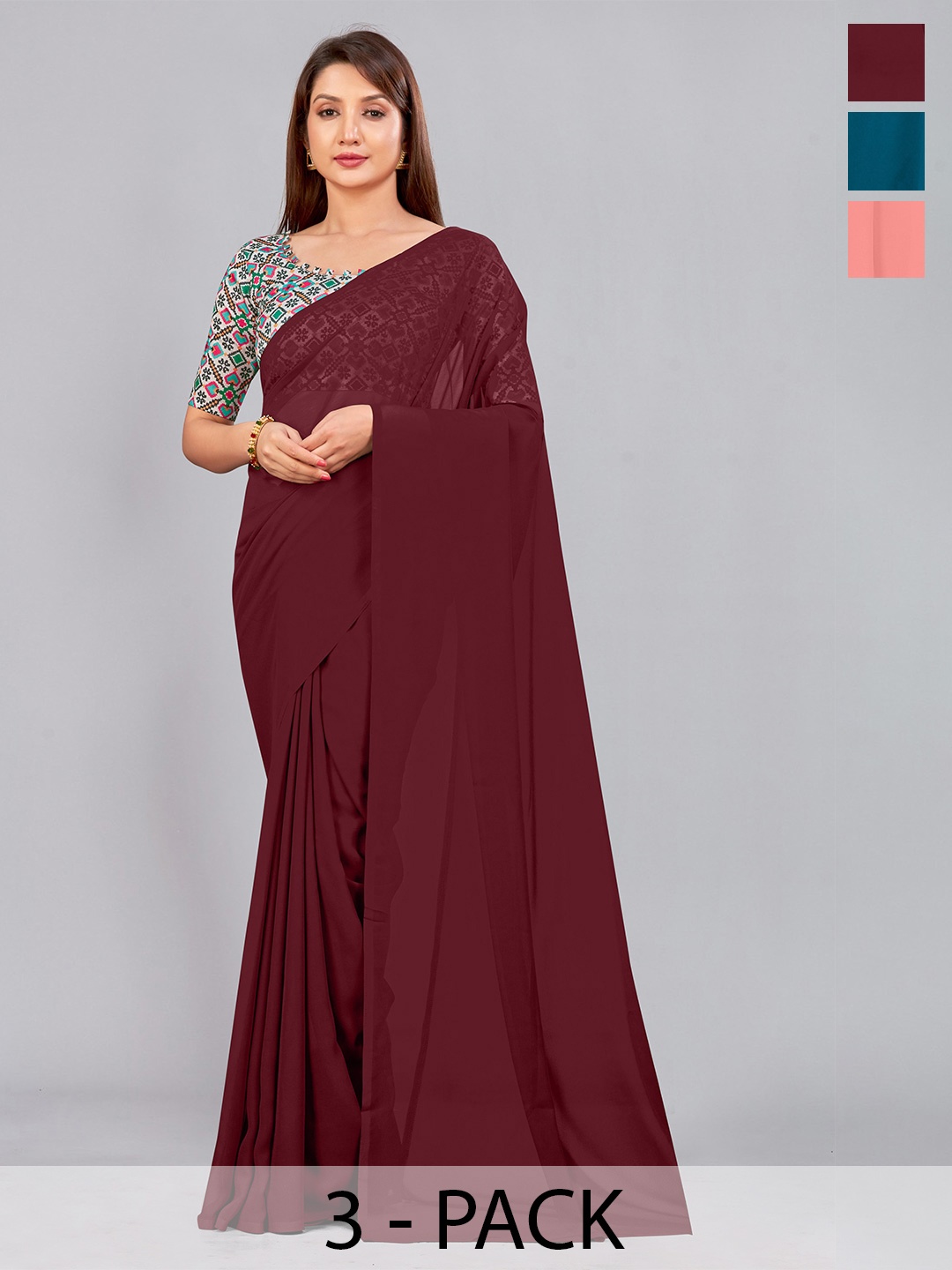 

CastilloFab Selection of 3 Pure Georgette Saree, Maroon