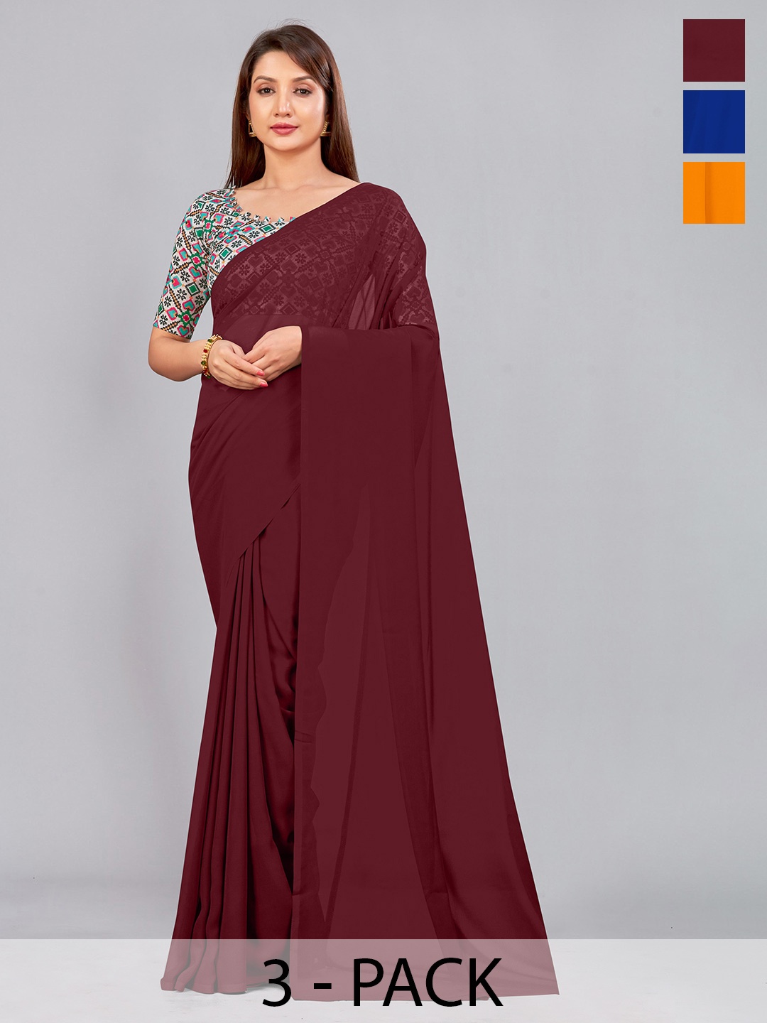 

CastilloFab Selection of 3 Pure Georgette Saree, Maroon