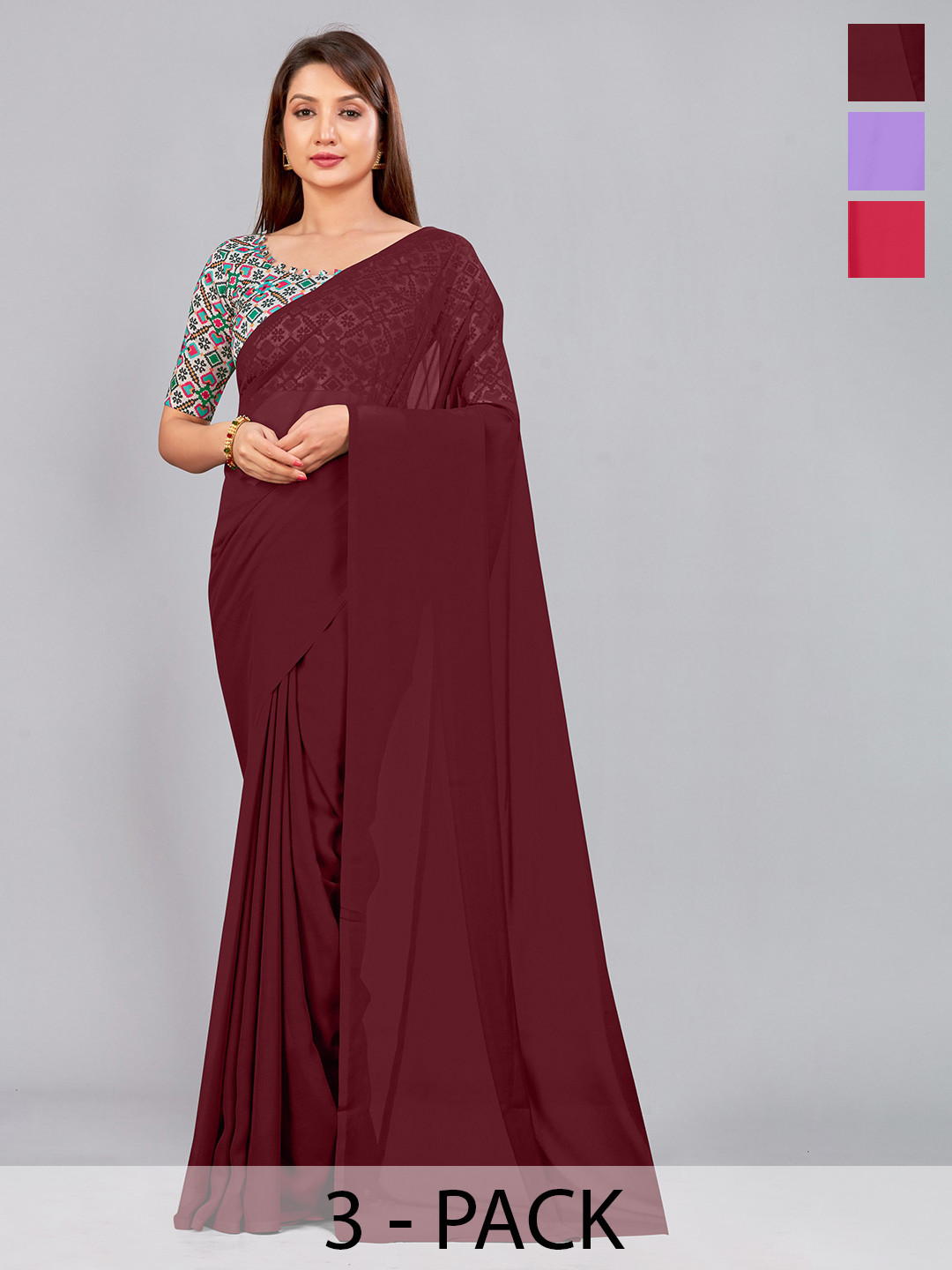 

CastilloFab Selection of 3 Pure Georgette Saree, Maroon