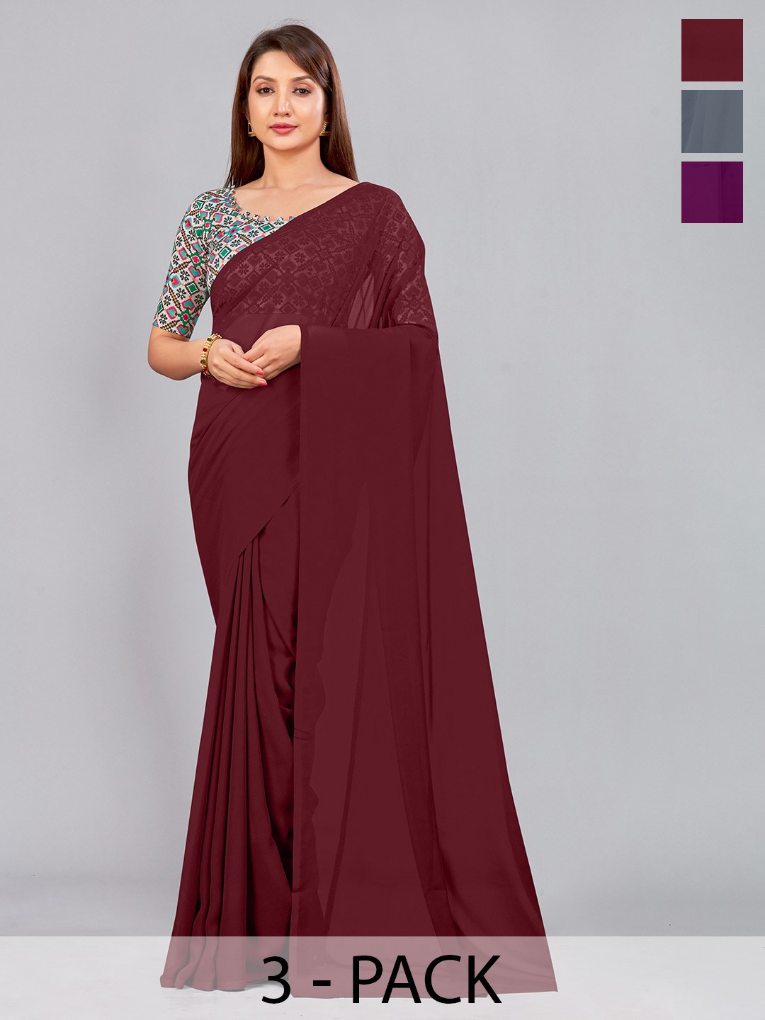 

CastilloFab Selection of 3 Pure Georgette Saree, Maroon