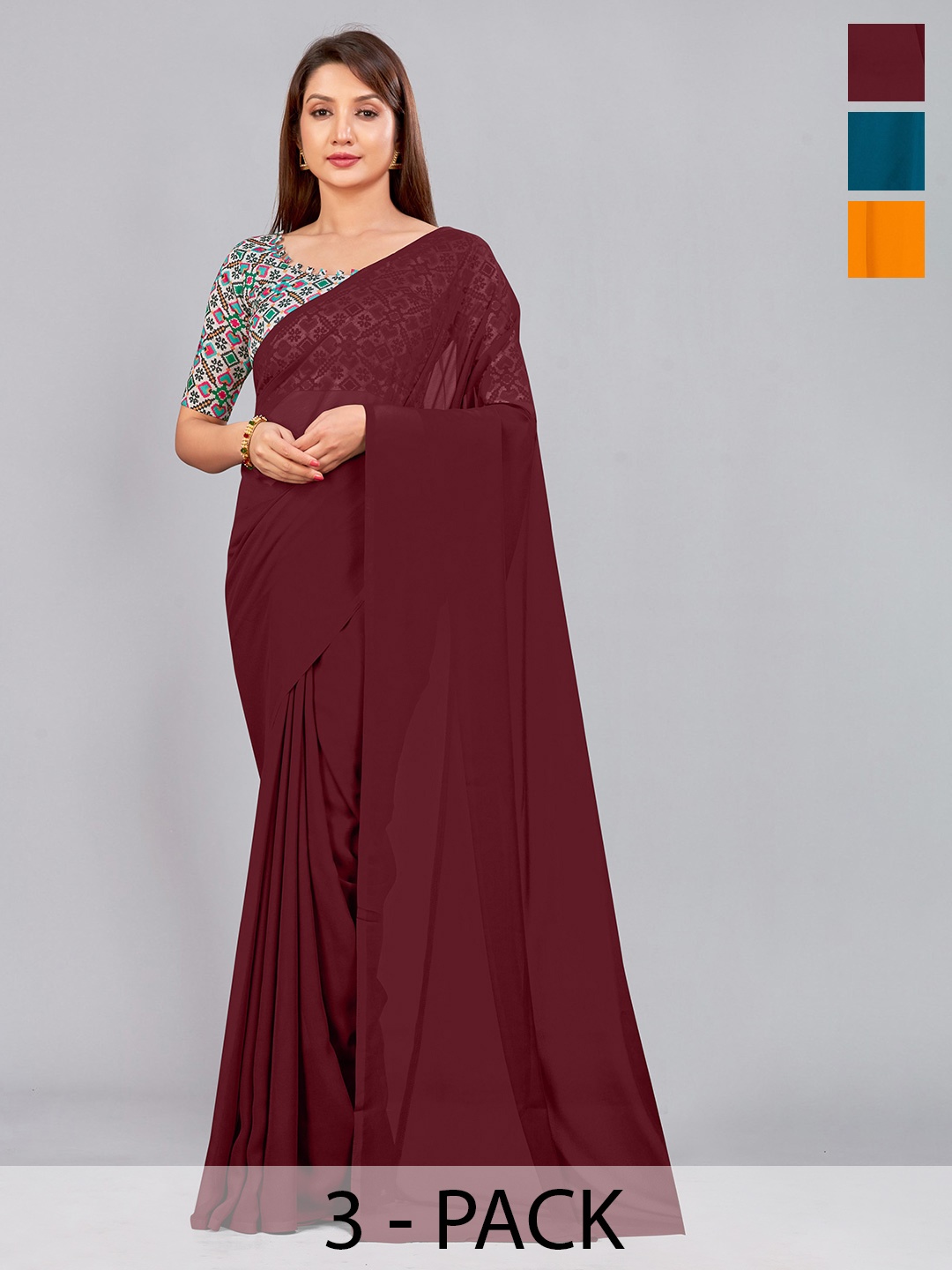 

CastilloFab Selection of 3 Pure Georgette Saree, Maroon
