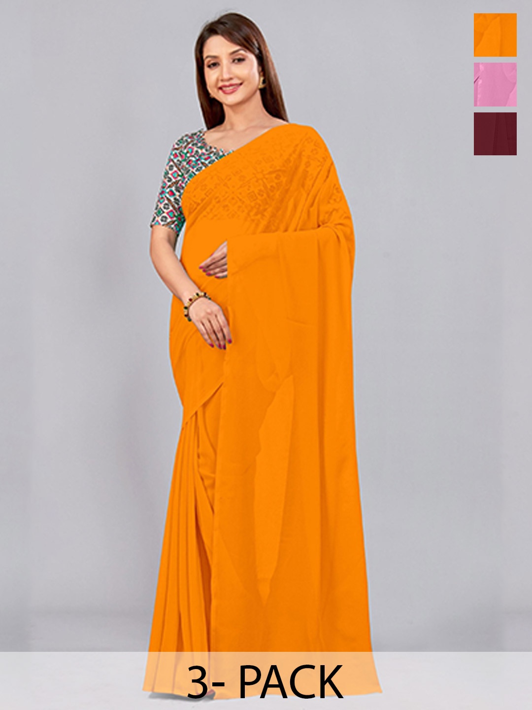 

CastilloFab Selection of 3 Pure Georgette Saree, Maroon