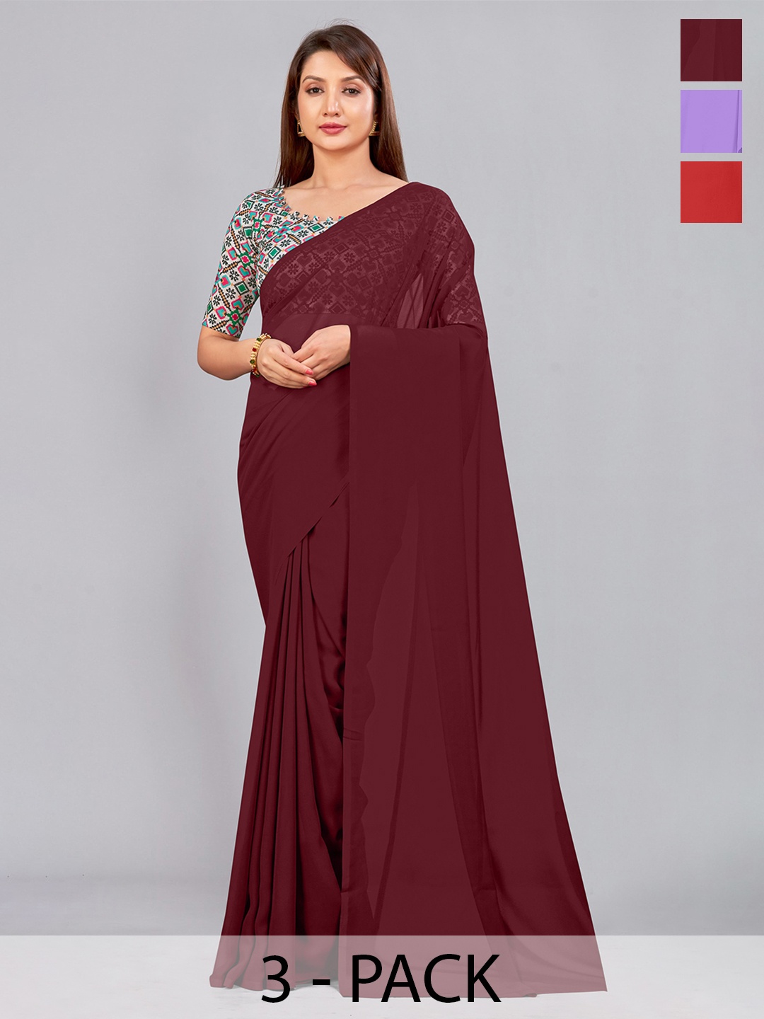 

CastilloFab Selection of 3 Pure Georgette Saree, Maroon