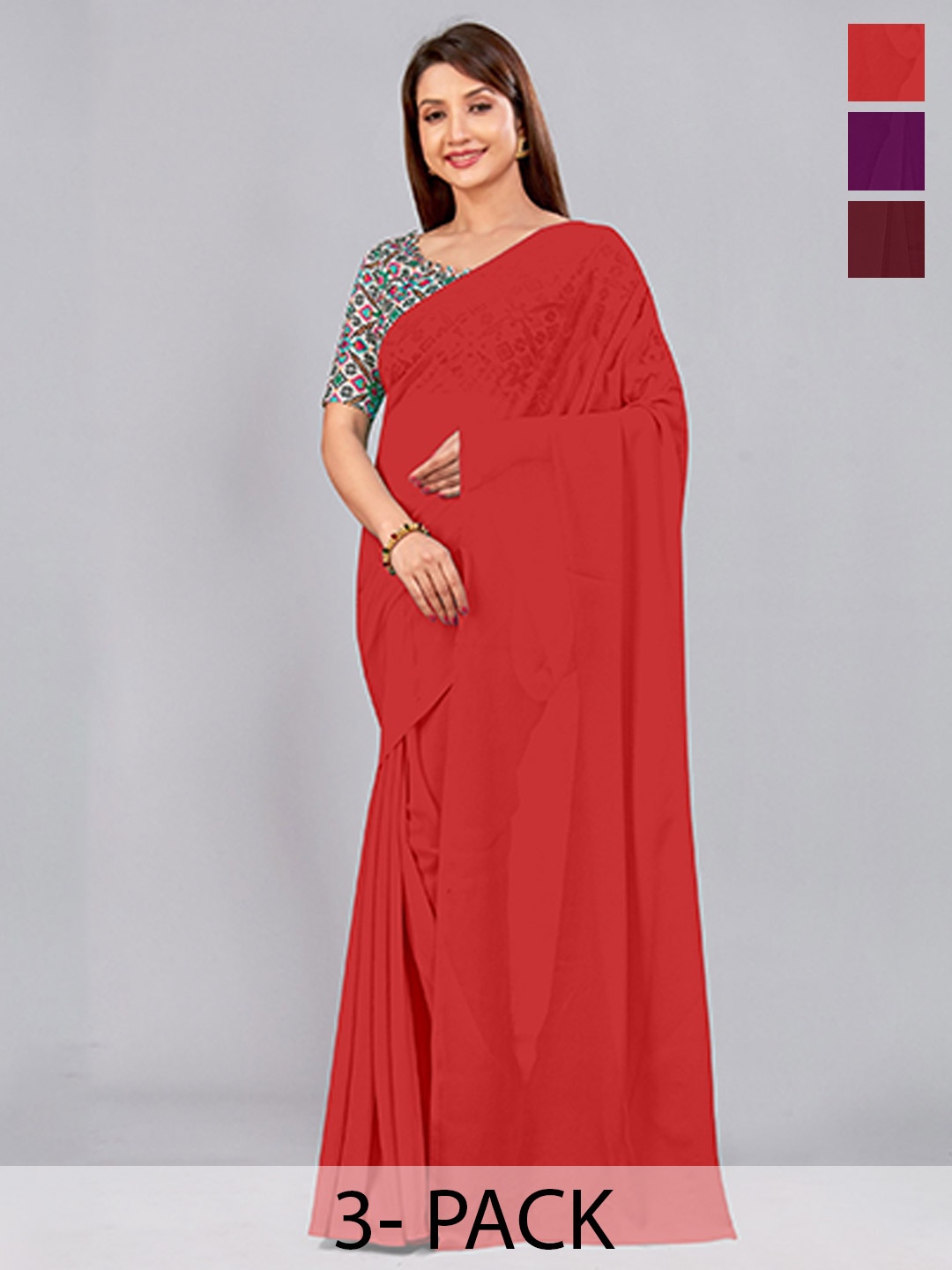 

CastilloFab Selection Of 3 Pure Georgette Saree, Maroon