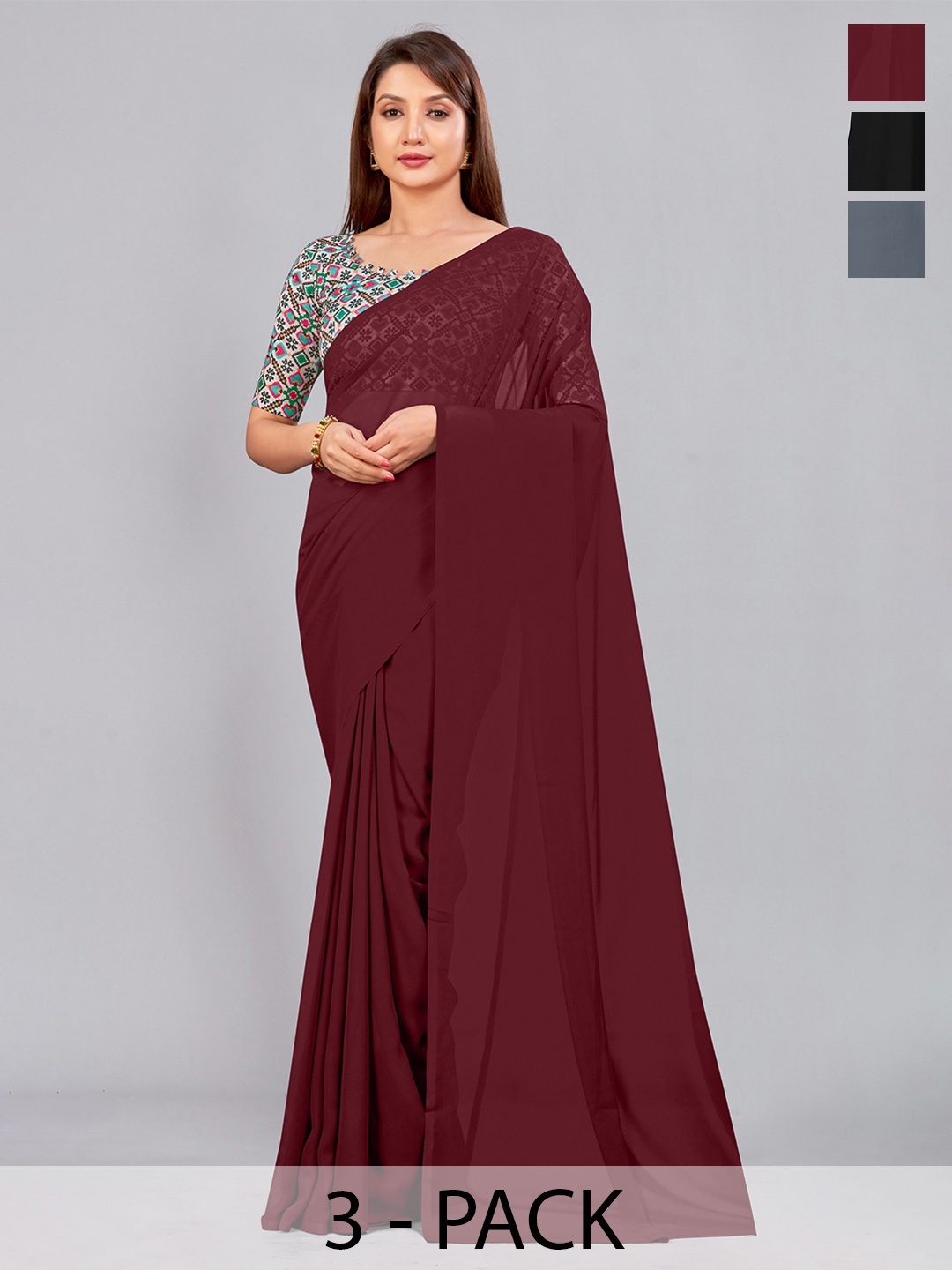 

CastilloFab Selection of 3 Pure Georgette Saree, Maroon