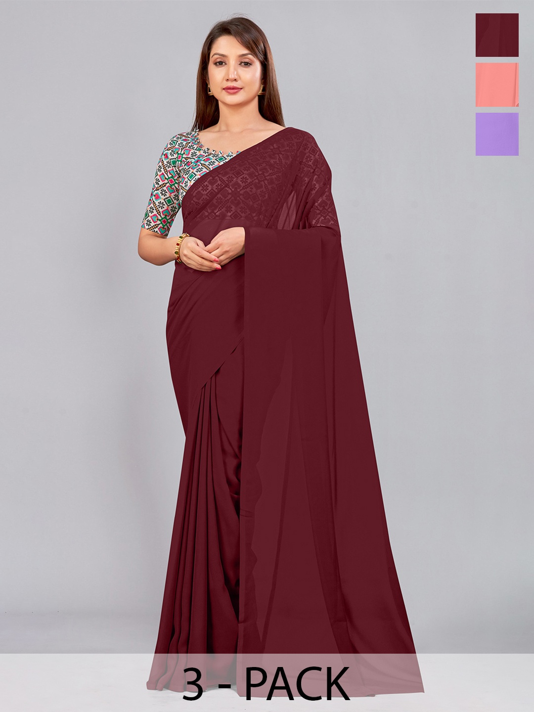 

CastilloFab Selection of 3 Pure Georgette Saree, Maroon