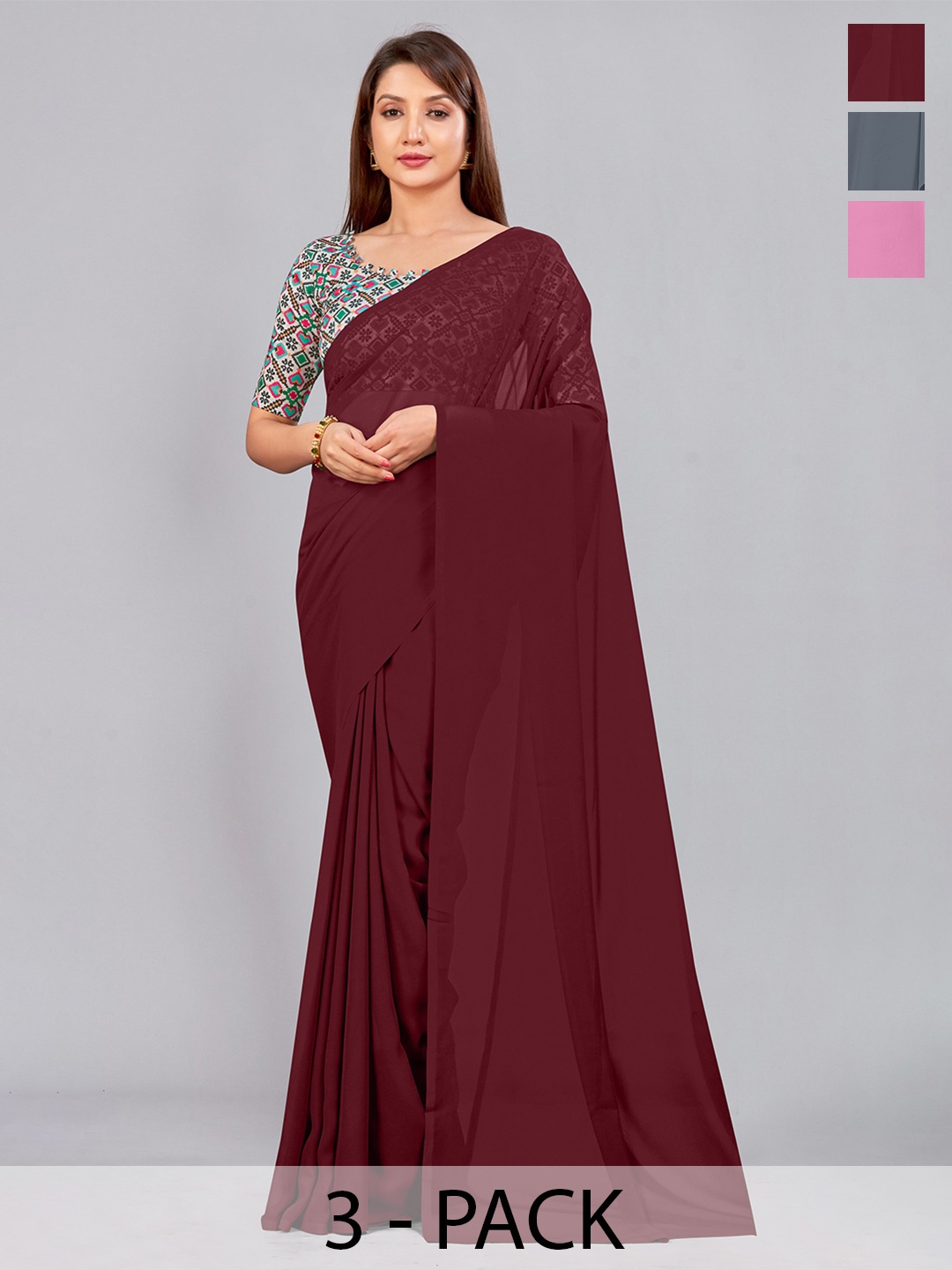 

CastilloFab Selection of 3 Pure Georgette Saree, Maroon