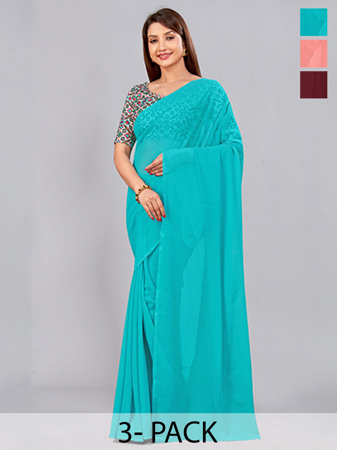 

CastilloFab Selection of 3 Pure Georgette Saree, Maroon