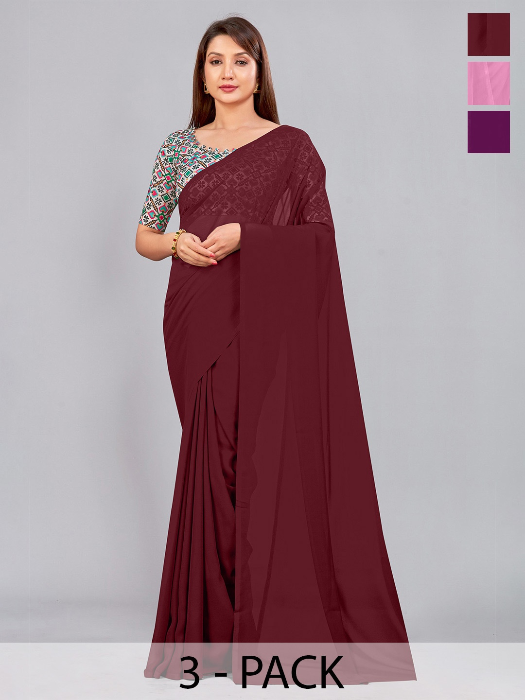 

CastilloFab Selection of 3 Pure Georgette Saree, Maroon