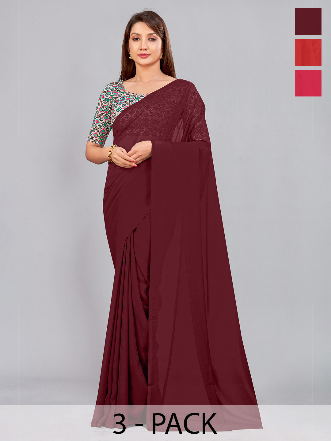 

CastilloFab Selection of 3 Pure Georgette Saree, Maroon