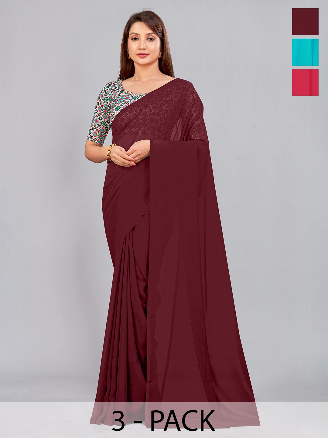 

CastilloFab Selection of 3 Pure Georgette Sarees, Maroon
