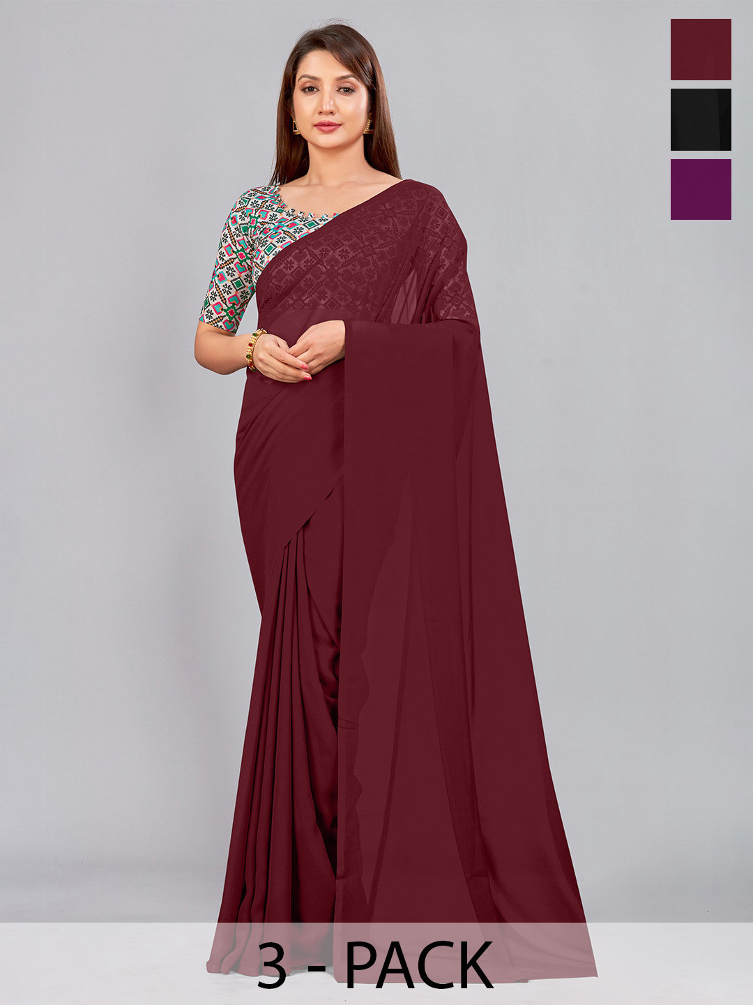 

CastilloFab Selection of 3 Pure Georgette Saree, Maroon