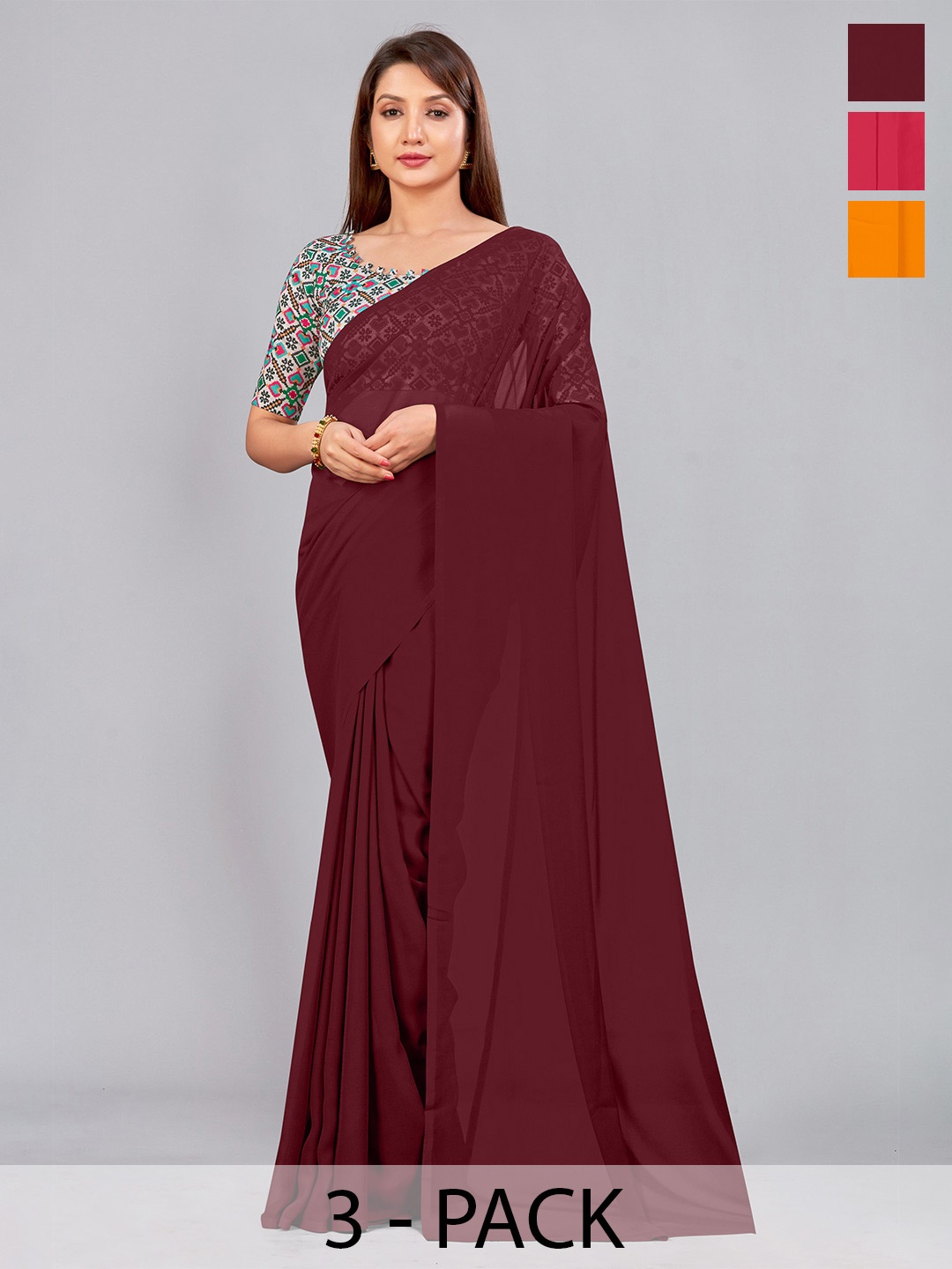 

CastilloFab Selection of 3 Pure Georgette Saree, Maroon