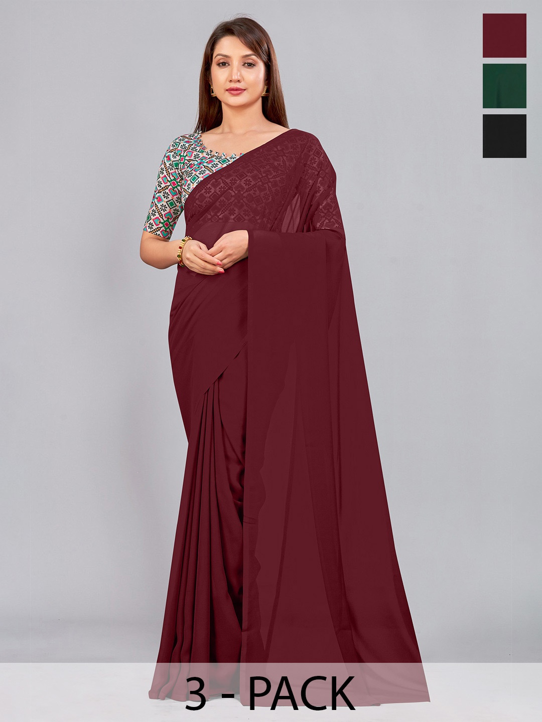 

CastilloFab Selection of 3 Pure Georgette Saree, Maroon