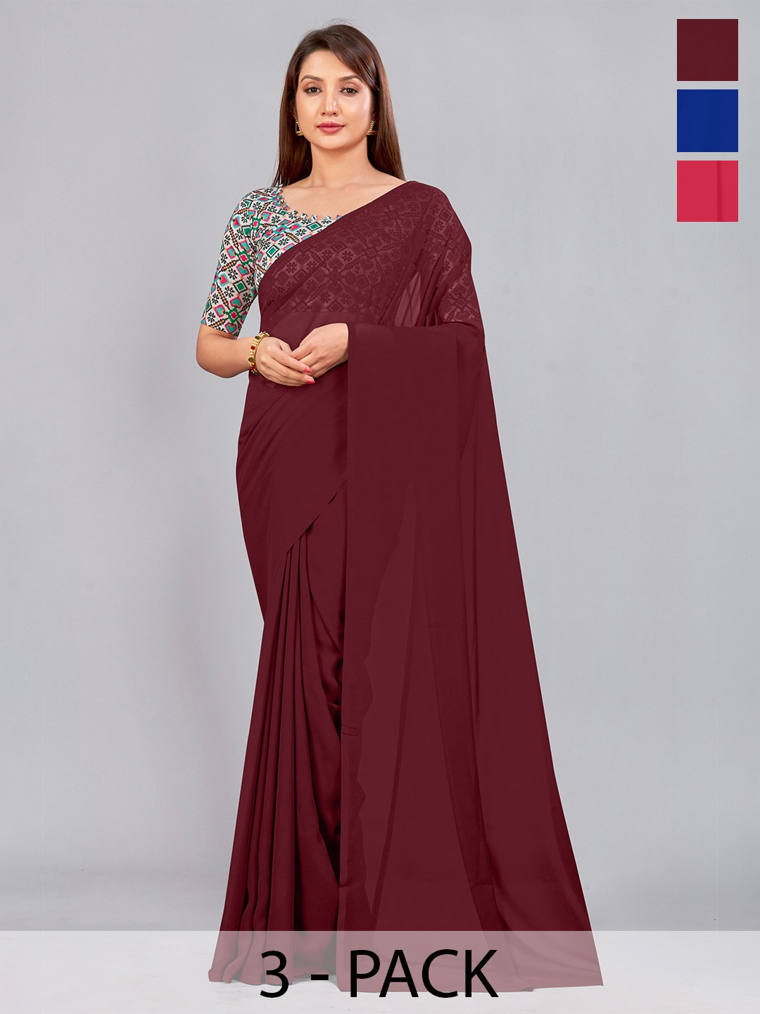 

CastilloFab Selection Of 3 Pure Georgette Saree, Maroon