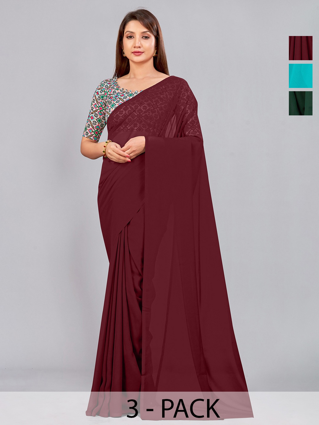 

CastilloFab Selection of 3 Pure Georgette Saree, Maroon