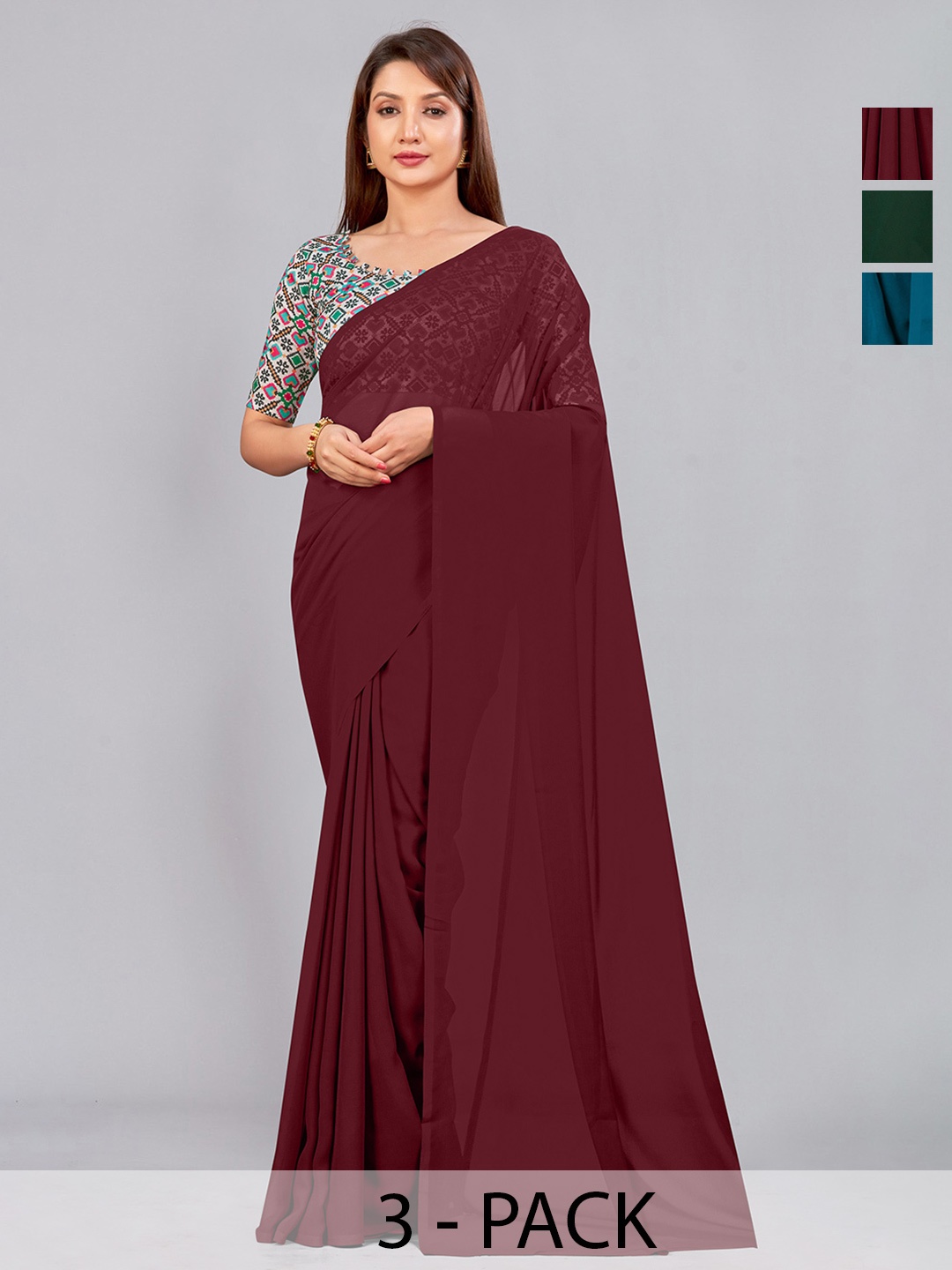 

CastilloFab Selection of 3 Pure Georgette Saree, Maroon