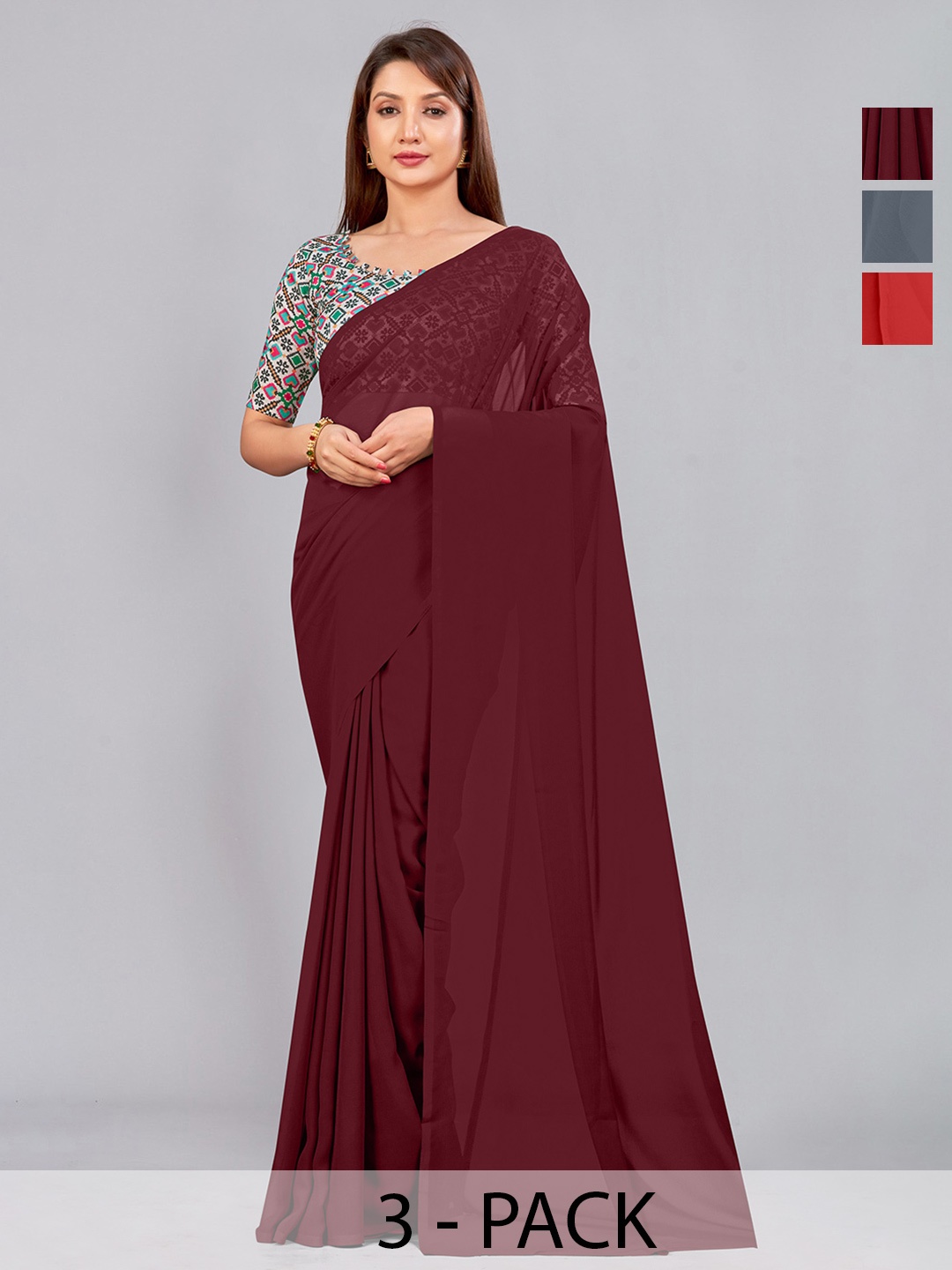 

CastilloFab Selection of 3 Pure Georgette Saree, Maroon