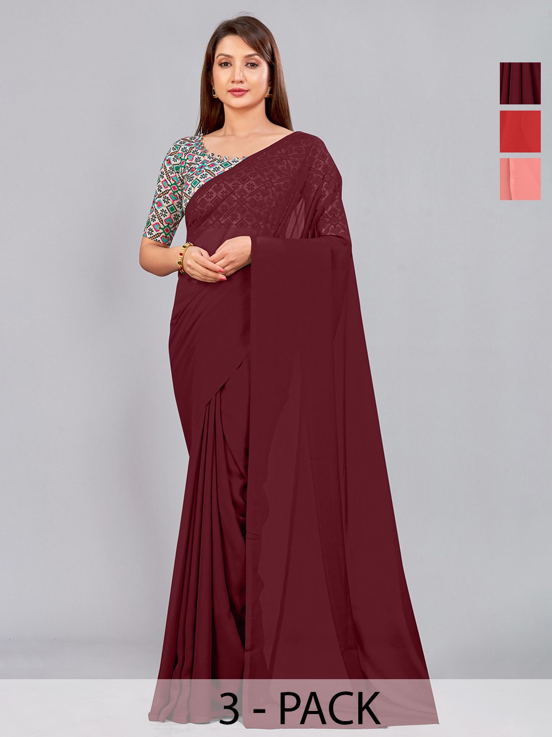 

CastilloFab Selection of 3 Pure Georgette Saree, Maroon