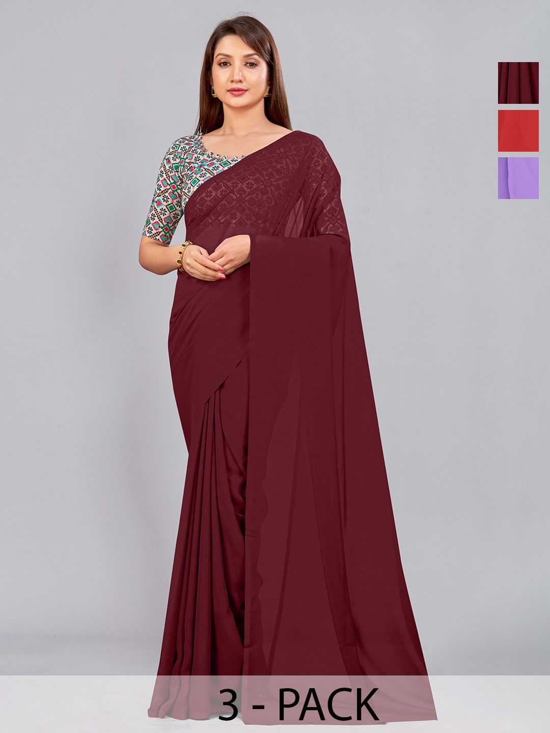 

CastilloFab Selection of 3 Pure Georgette Saree, Maroon