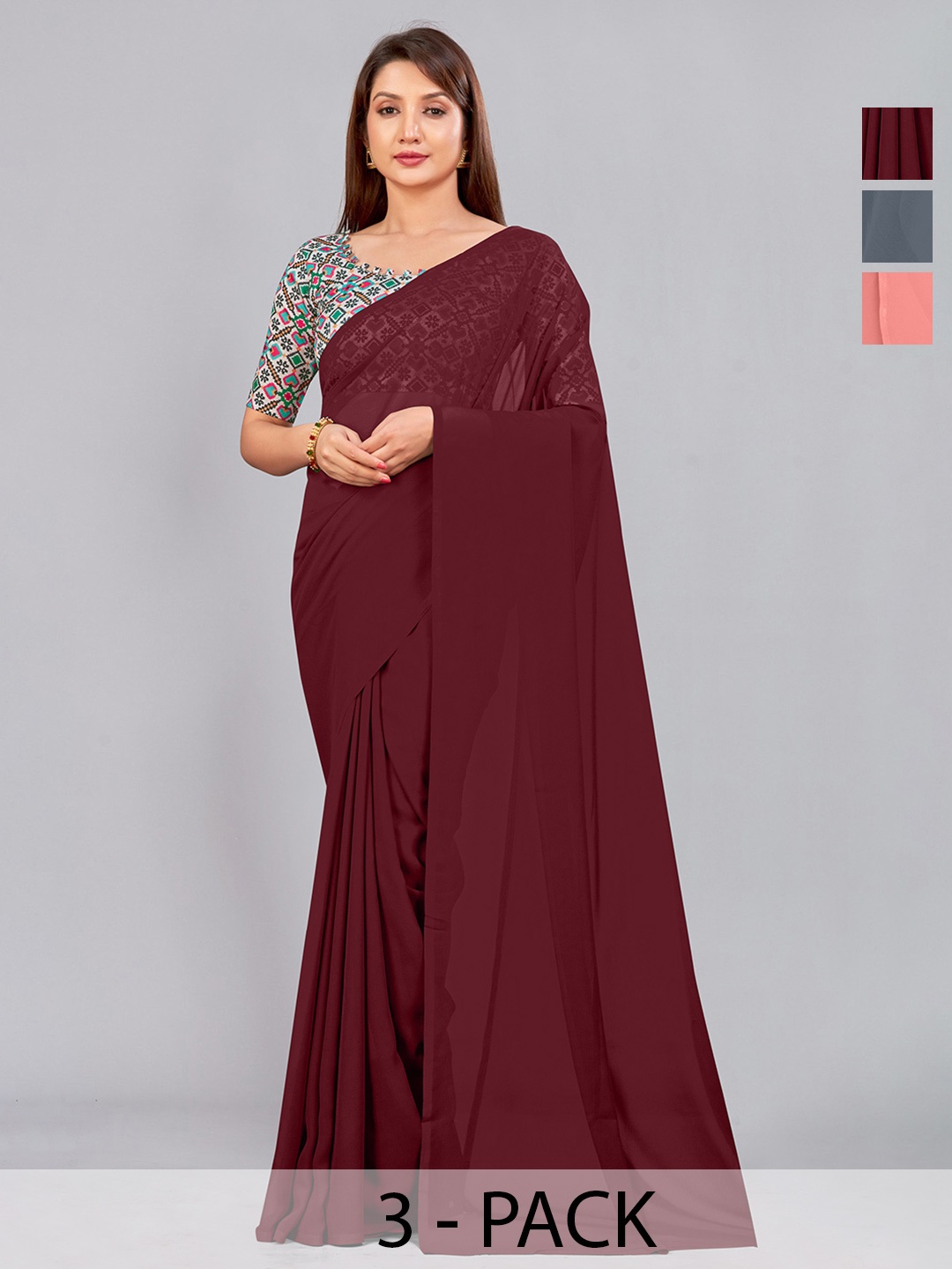 

CastilloFab Selection Of 3 Pure Georgette Saree, Maroon