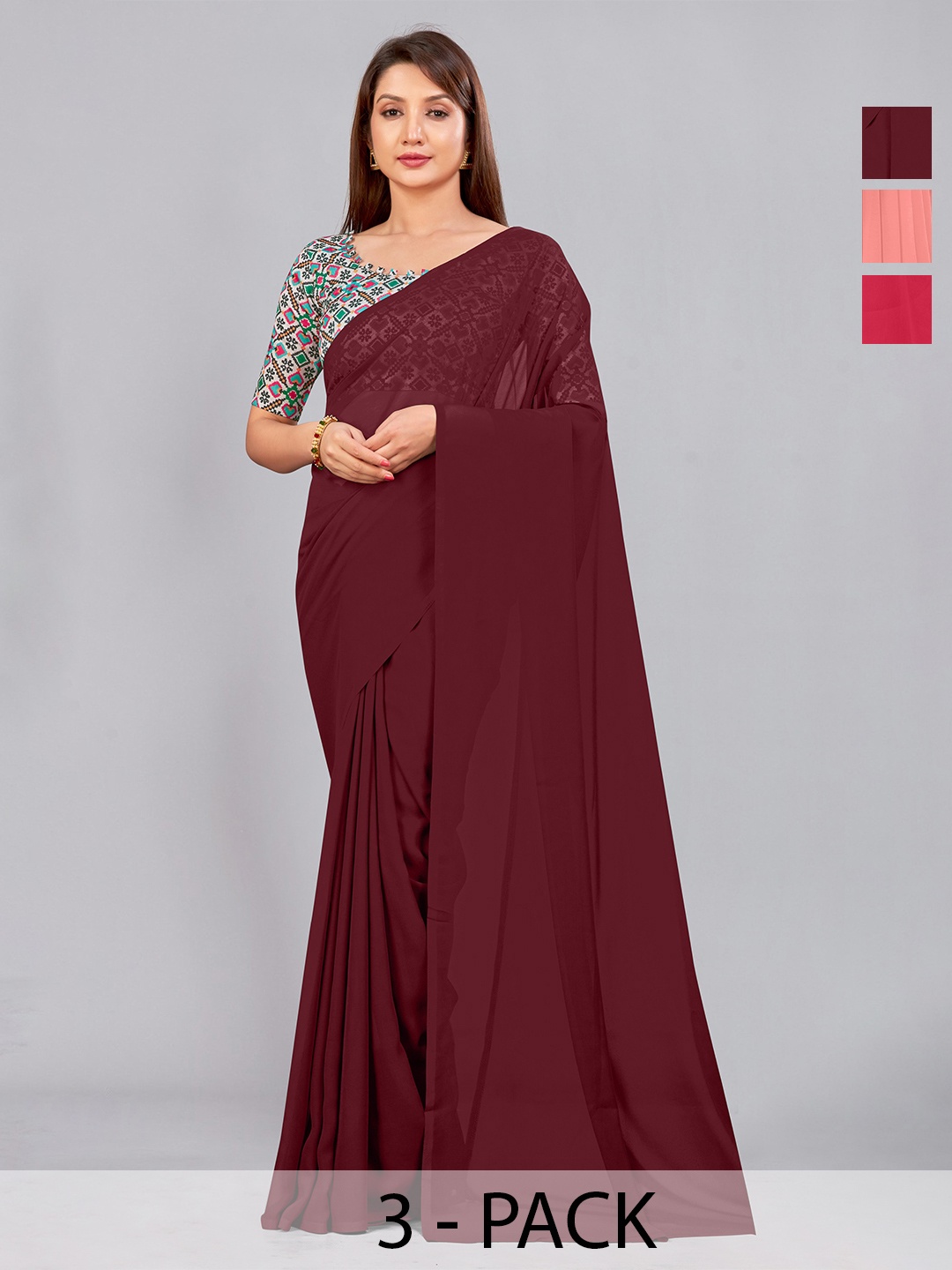 

CastilloFab Selection of 3 Pure Georgette Saree, Maroon