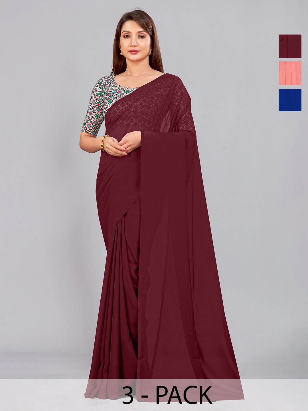 

CastilloFab Selection of 3 Pure Georgette Saree, Maroon