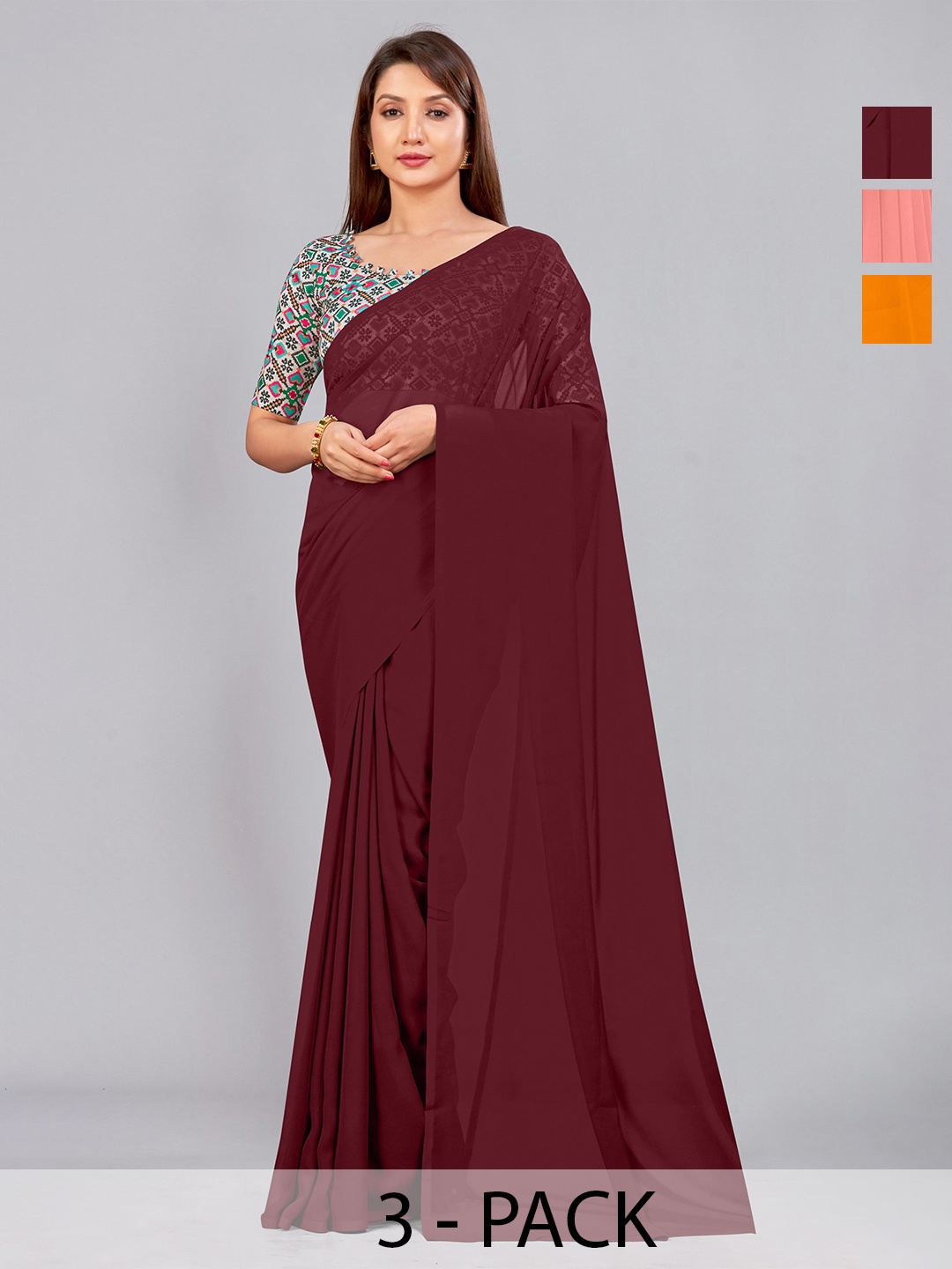 

CastilloFab Selection of 3 Pure Georgette Saree, Maroon