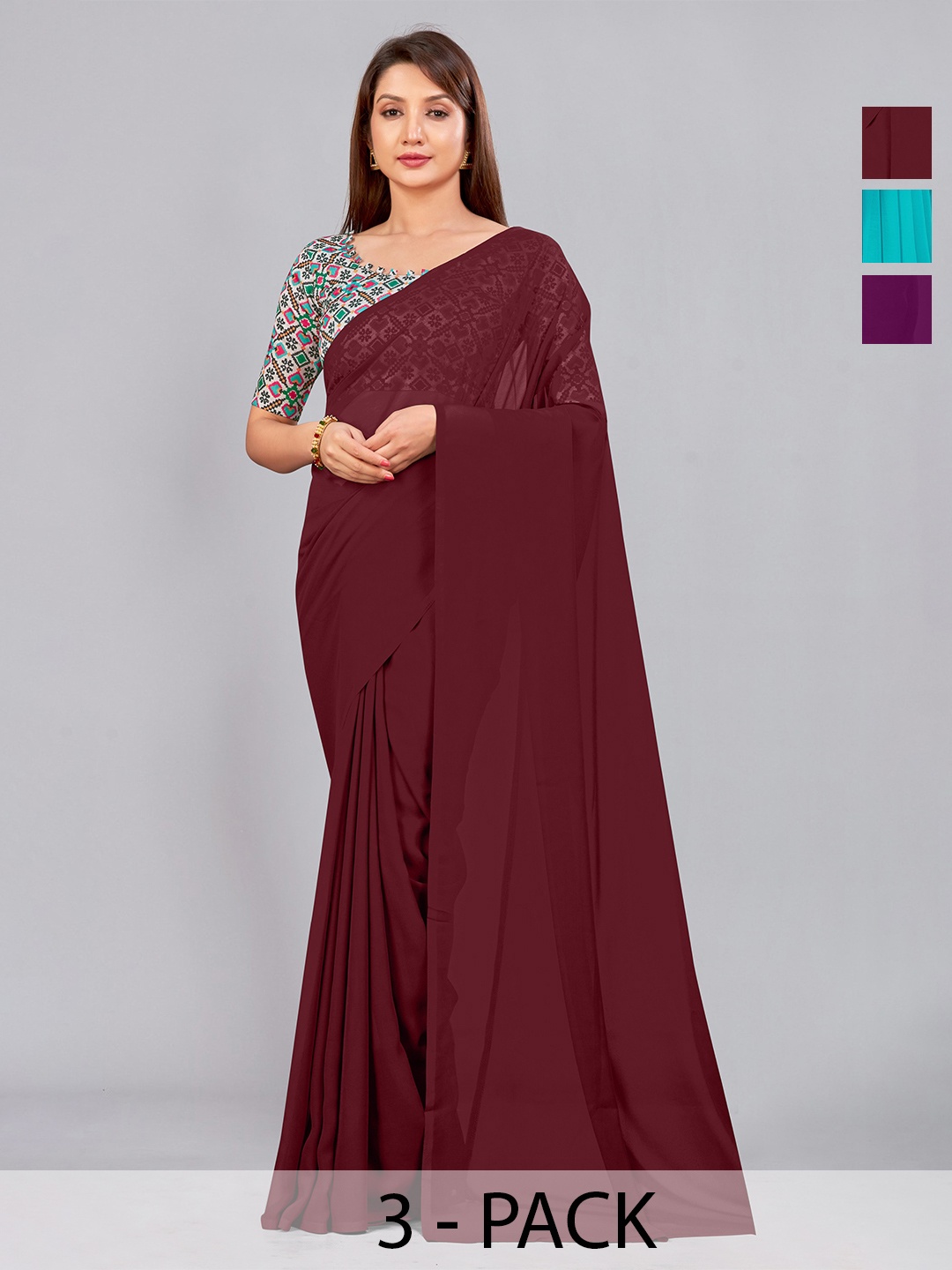 

CastilloFab Selection of 3 Pure Georgette Saree, Maroon