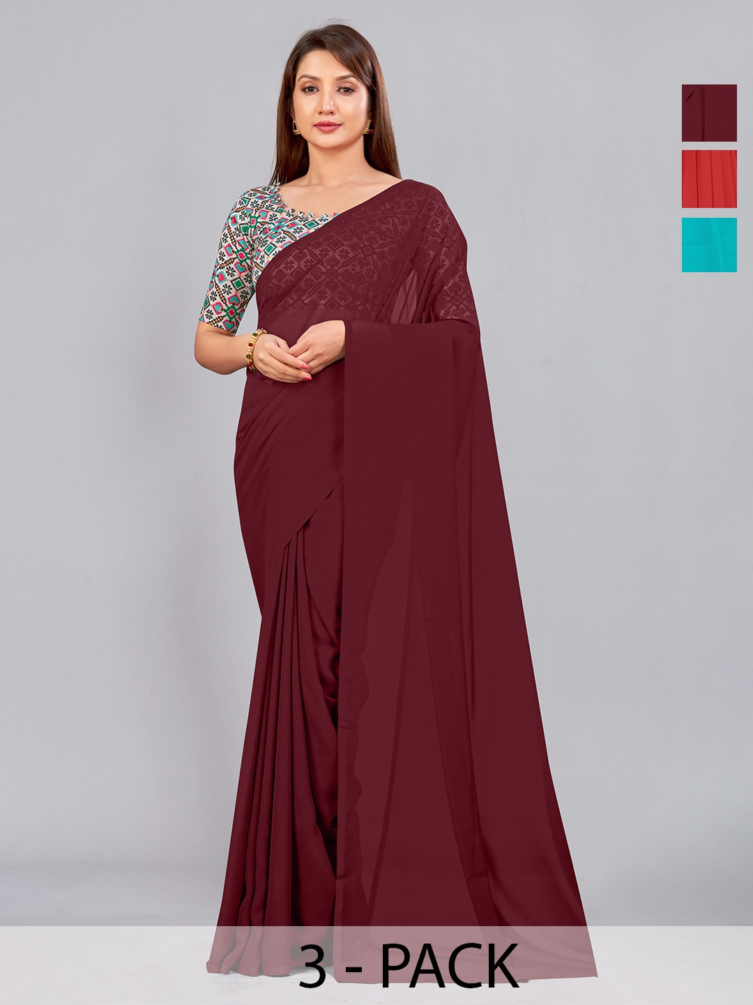 

CastilloFab Selection of 3 Pure Georgette Saree, Maroon