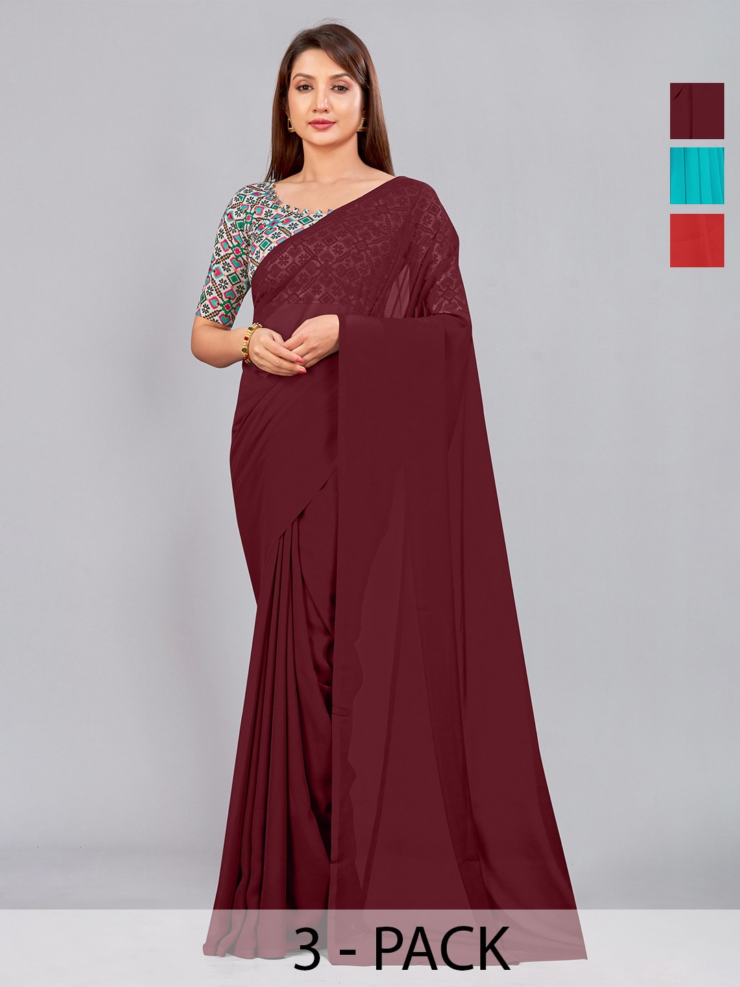 

CastilloFab Pack Of 3 Pure Georgette Saree, Maroon