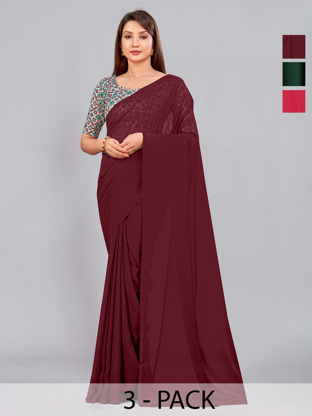 

CastilloFab Pack Of 3 Pure Georgette Saree, Maroon