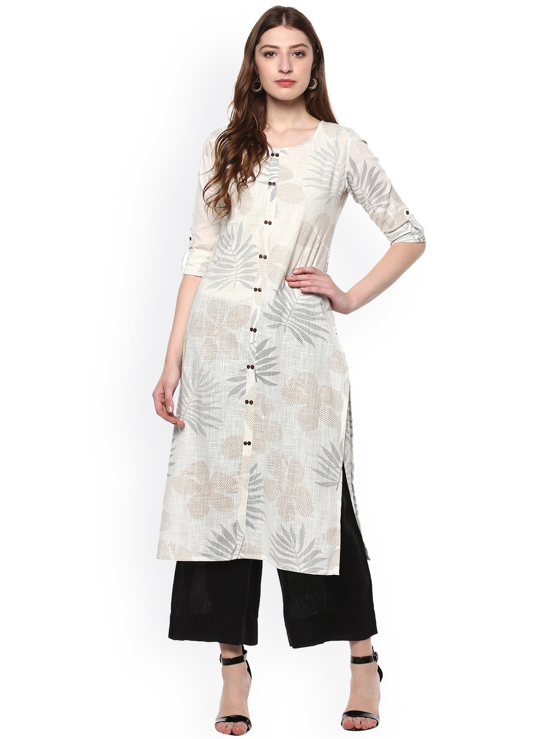 

Janasya Women Off-White Floral Print Straight Kurta