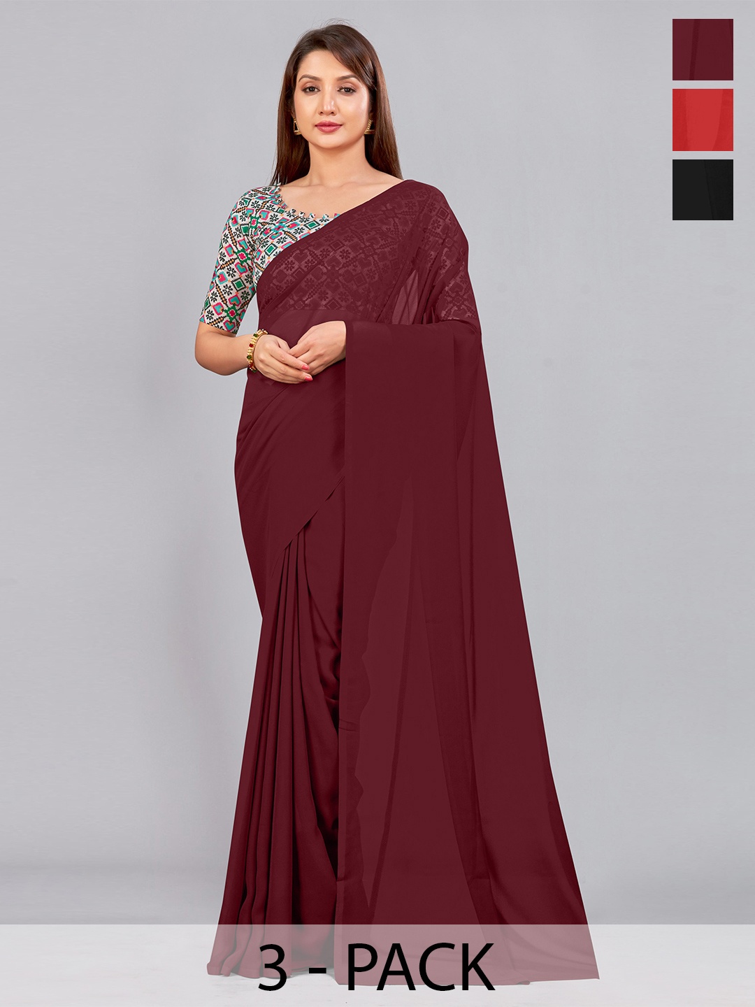 

CastilloFab Selection of 3 Pure Georgette Saree, Maroon