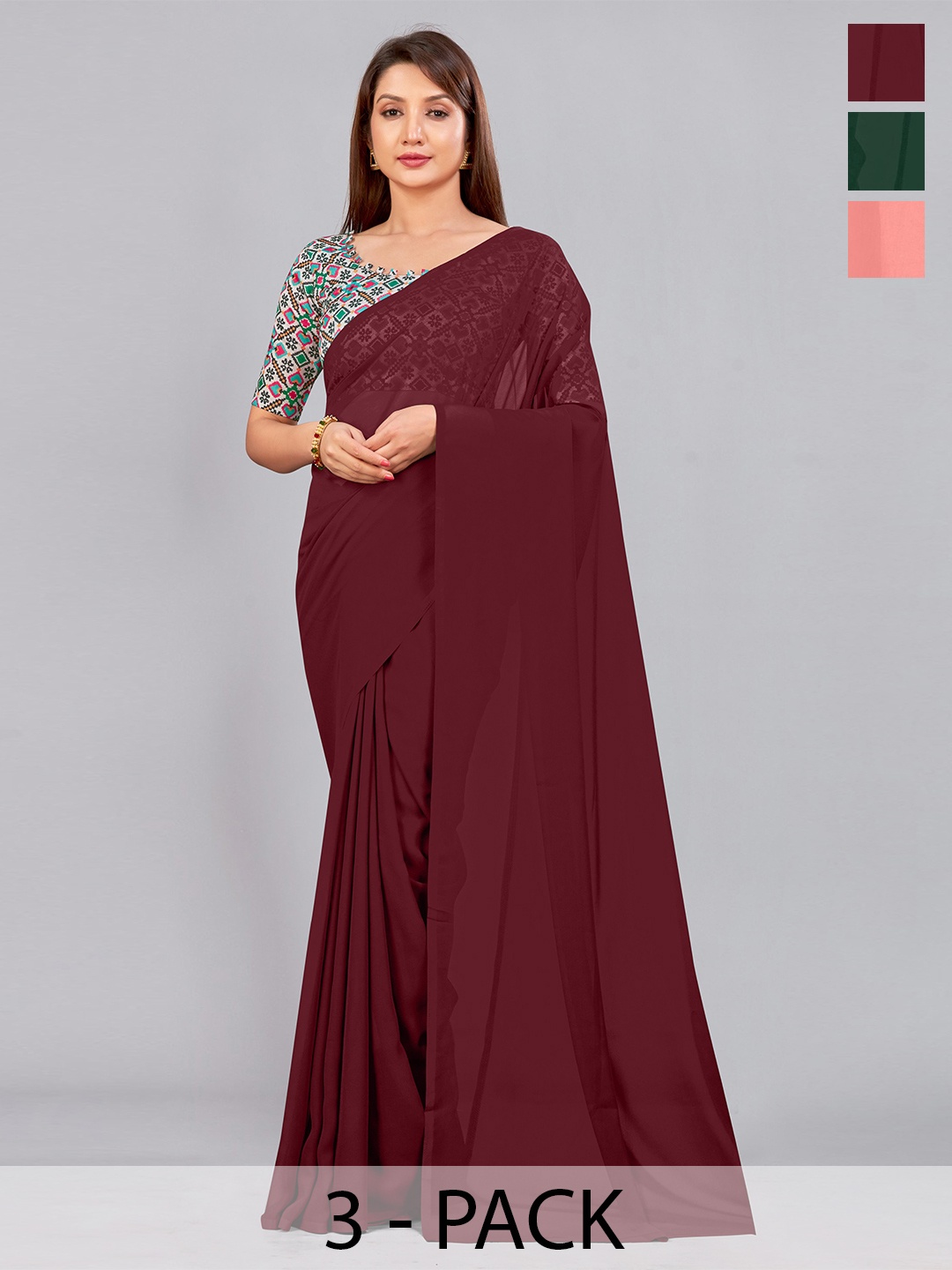 

CastilloFab Selection Of 3 Pure Georgette Saree, Maroon