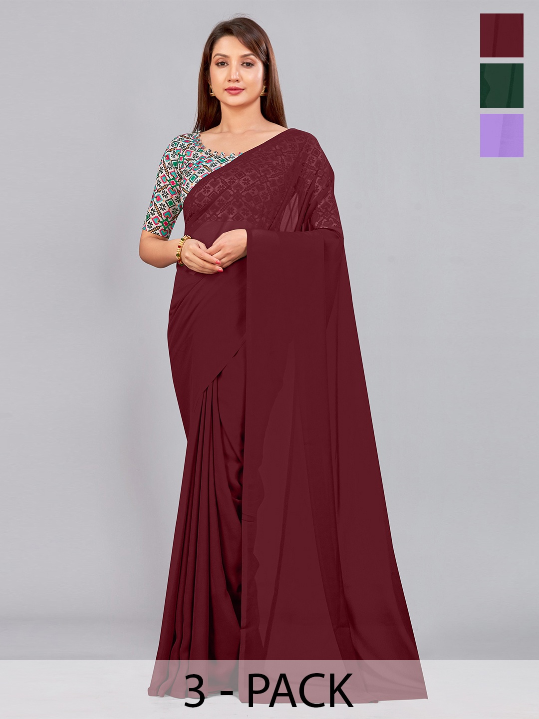 

CastilloFab Selection of 3 Pure Georgette Saree, Maroon