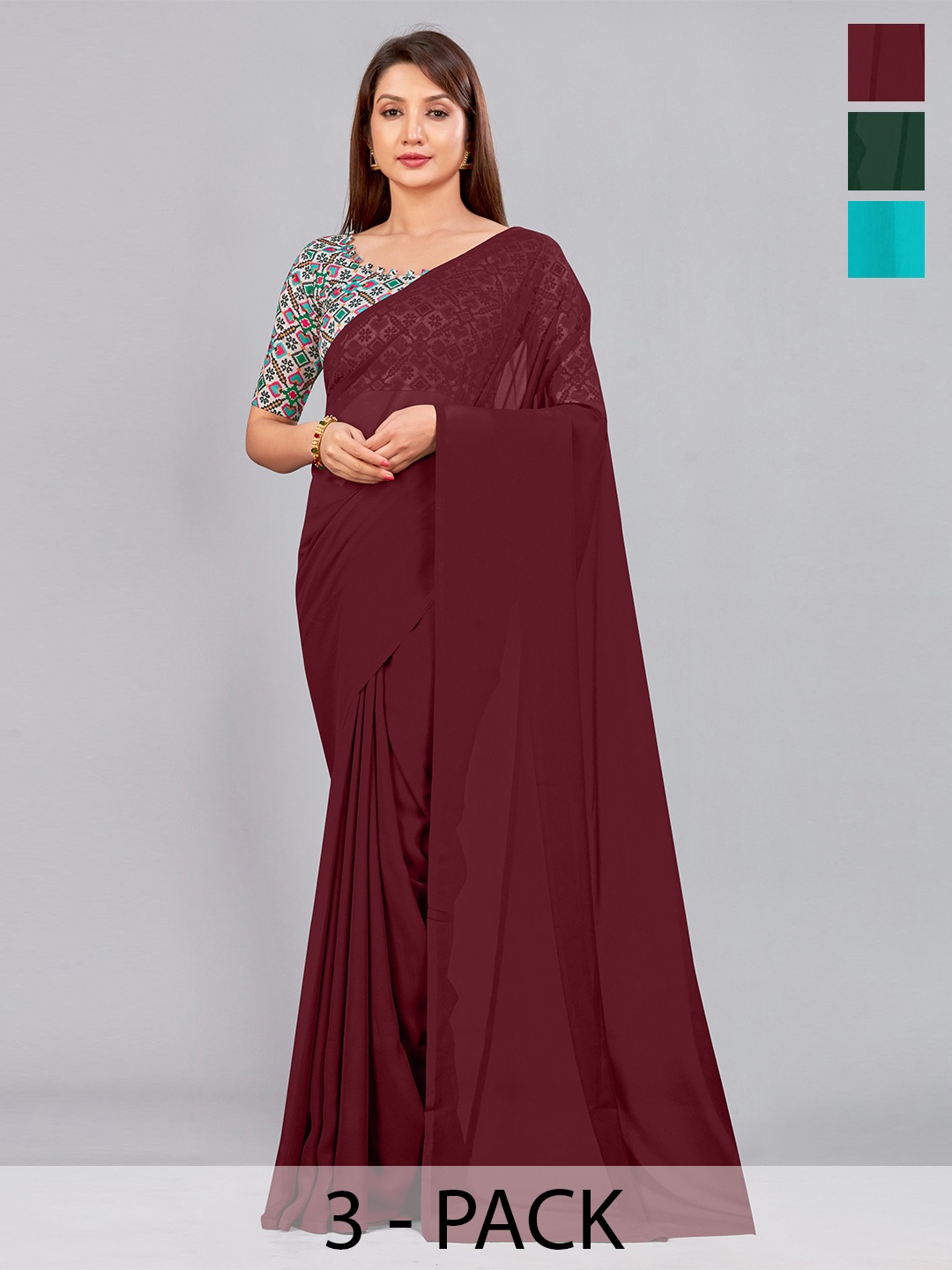 

CastilloFab Selection of 3 Pure Georgette Saree, Maroon