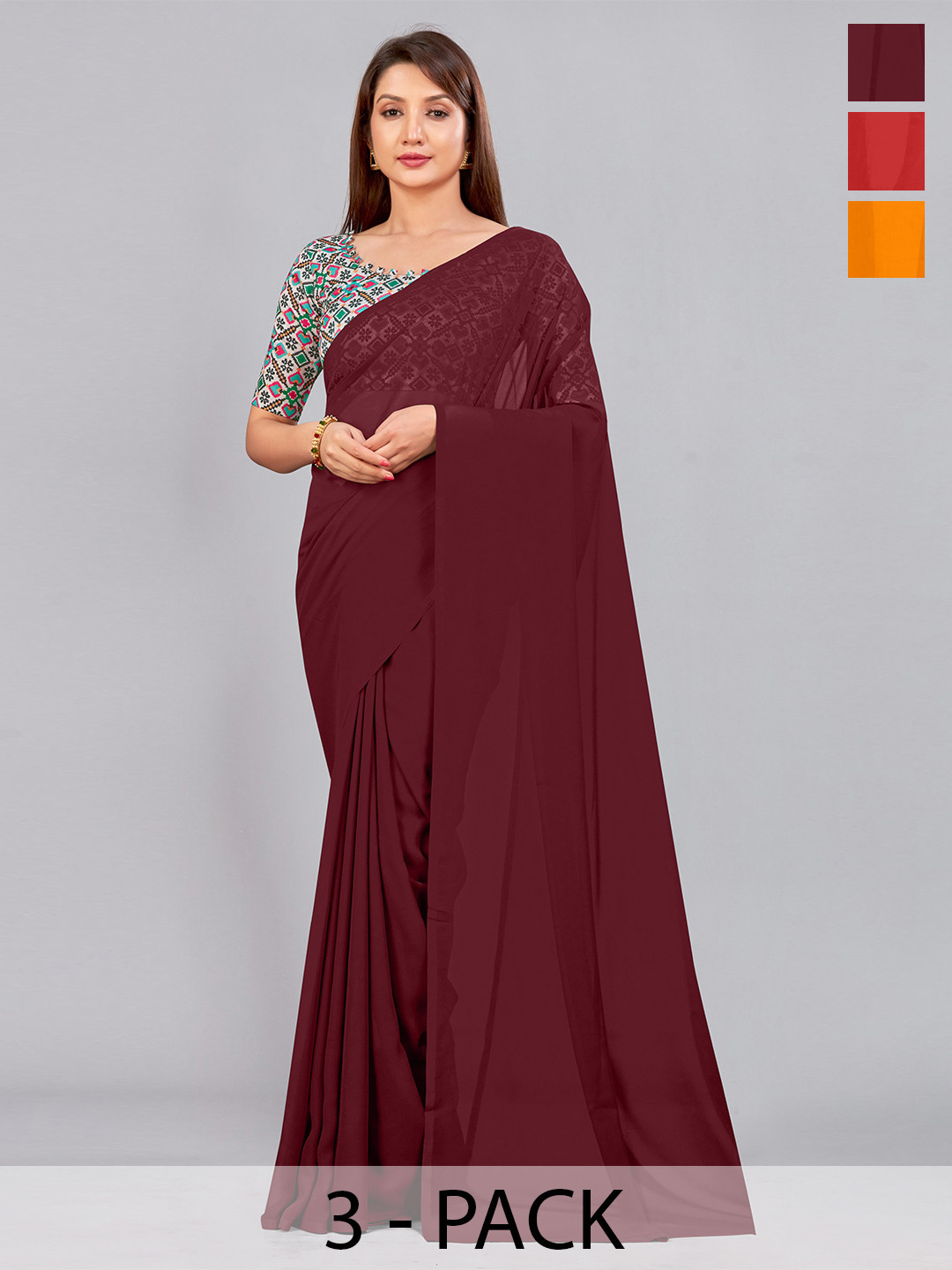 

CastilloFab Selection of 3 Pure Georgette Saree, Maroon