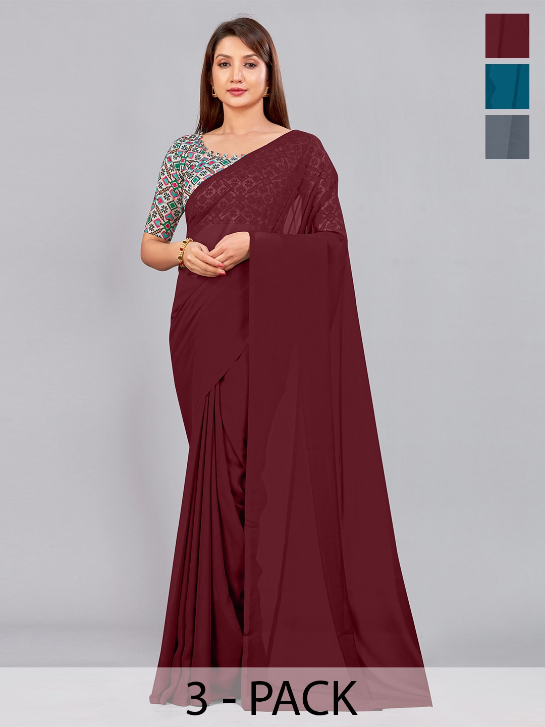 

CastilloFab Selection of 3 Pure Georgette Saree, Maroon