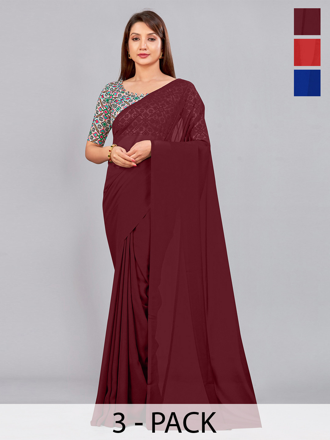 

CastilloFab Selection of 3 Pure Georgette Saree, Maroon