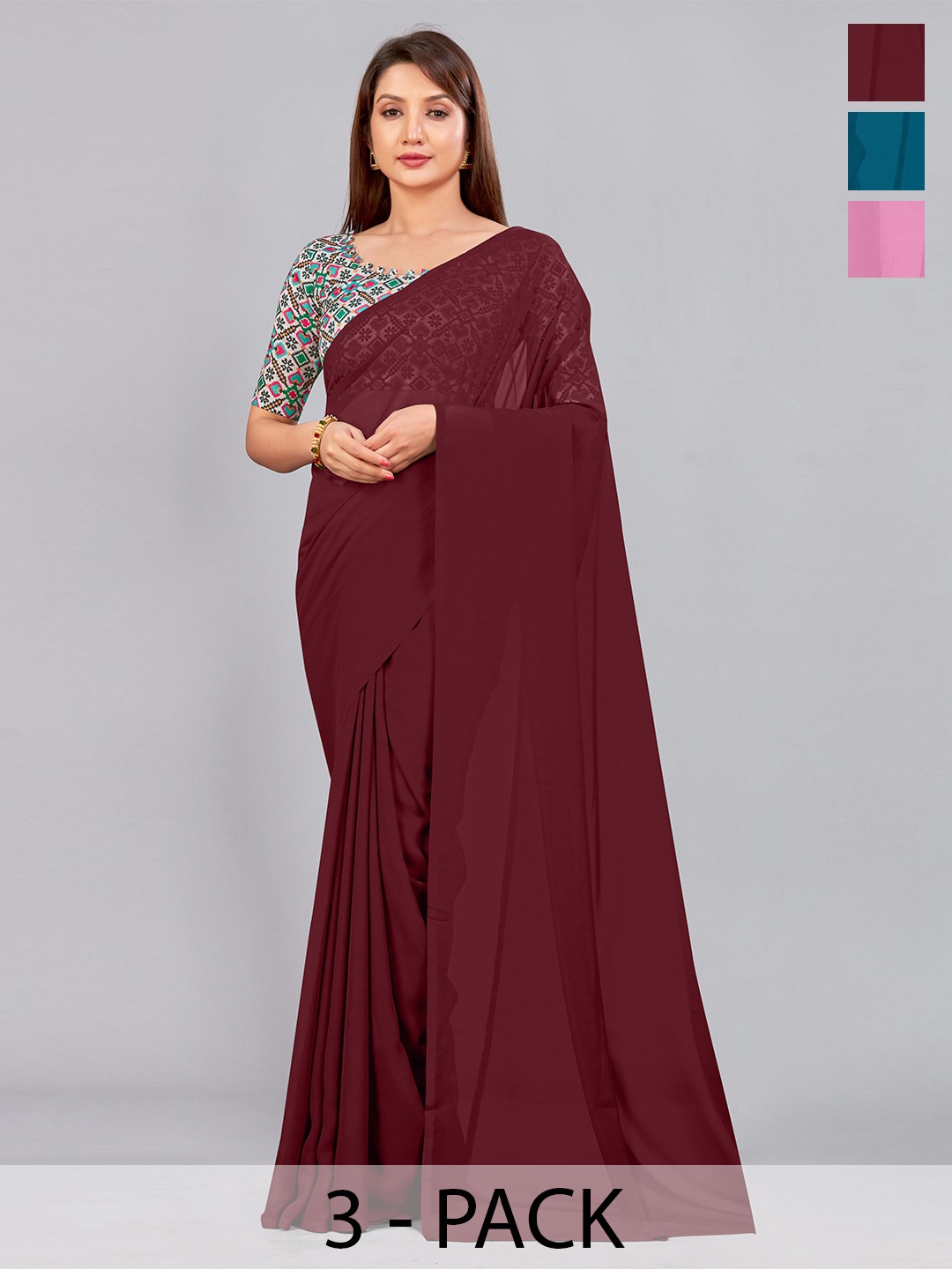 

CastilloFab Selection of 3 Pure Georgette Saree, Maroon