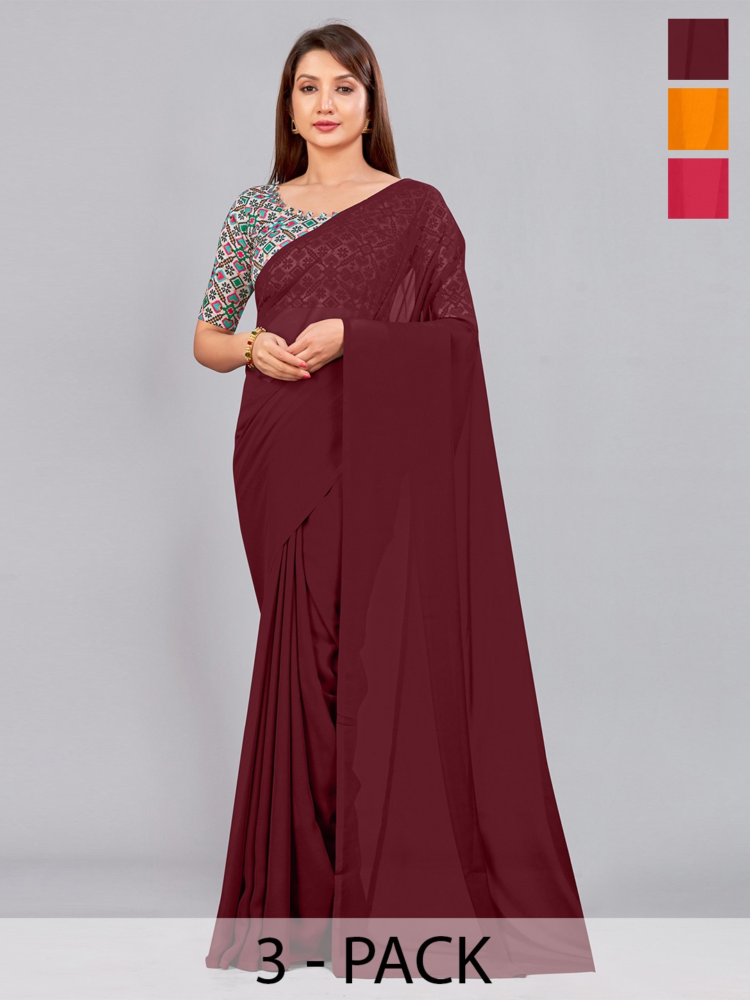 

CastilloFab Selection of 3 Pure Georgette Saree, Maroon